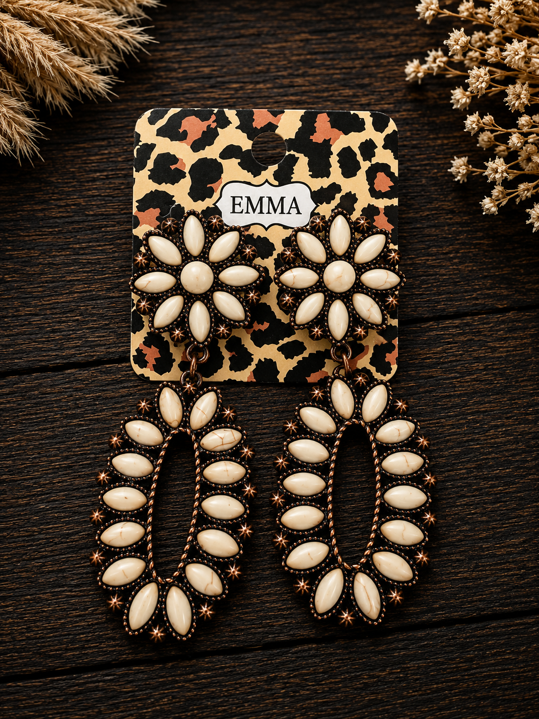 White flower w/dangle stone earrings