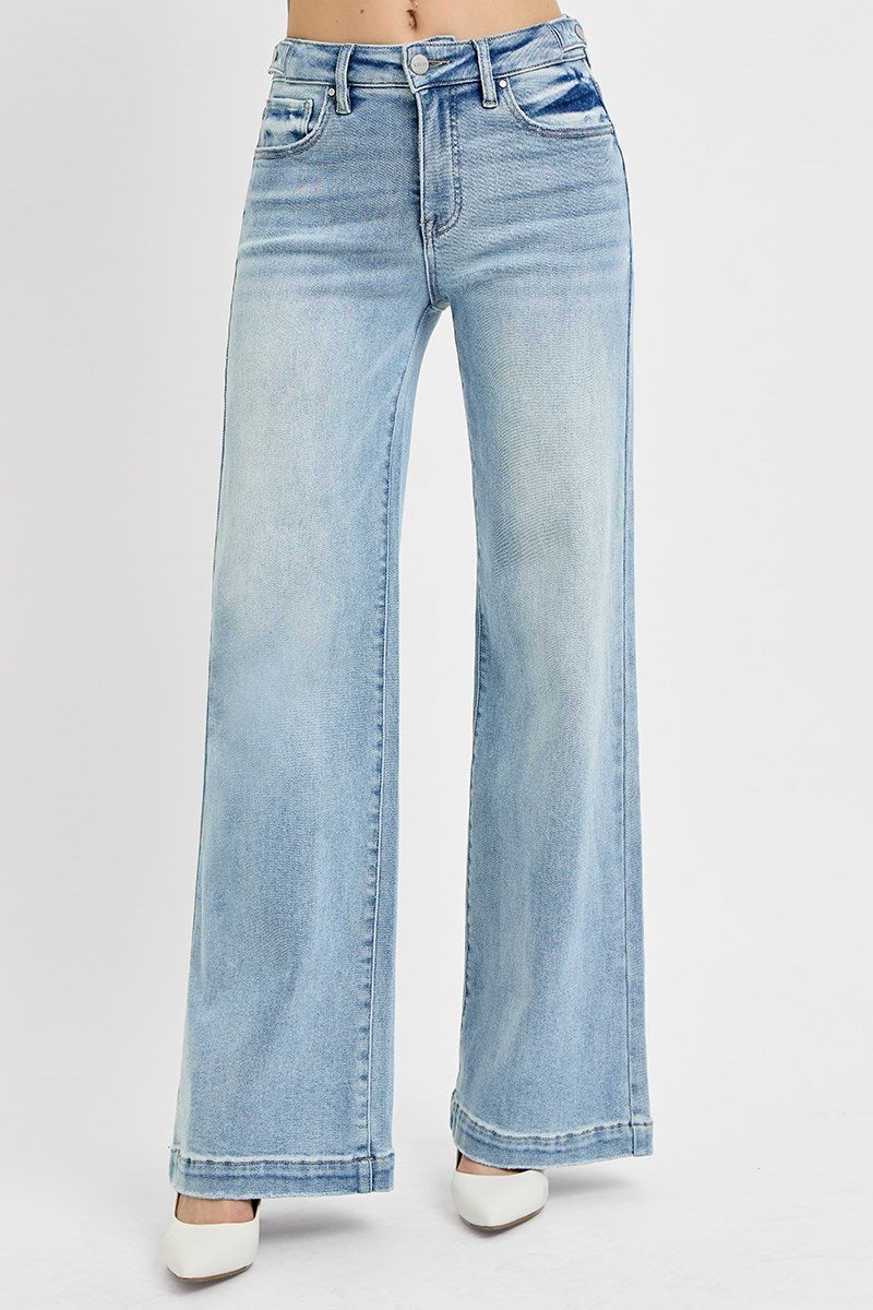 RISEN TUMMY CONTROL HIGH RISE WIDE LEG ADJUSTABLE WAIST BAND JEANS