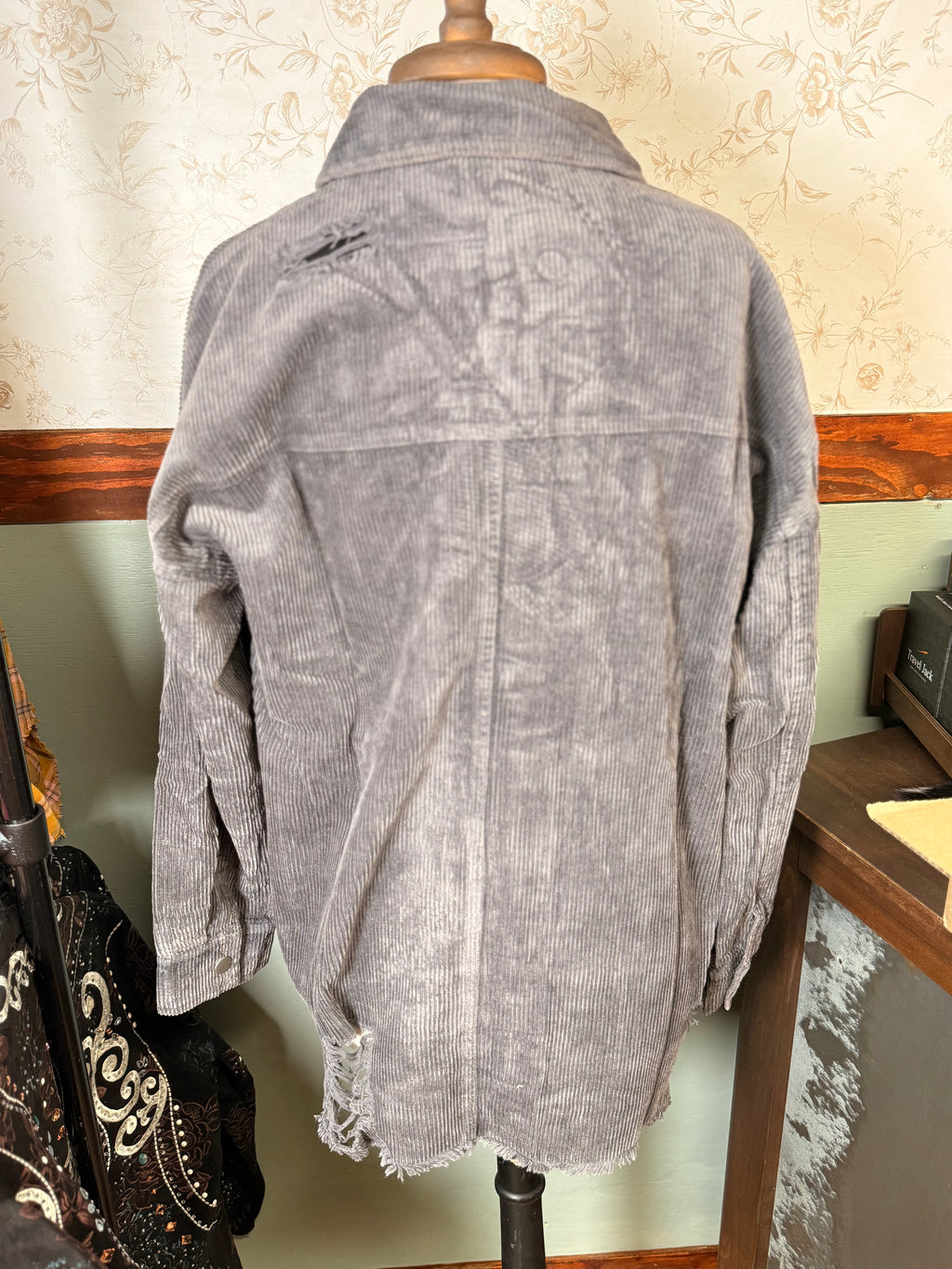 Peach Love Cowboy Boots Sequin Corduroy Shacket Grey