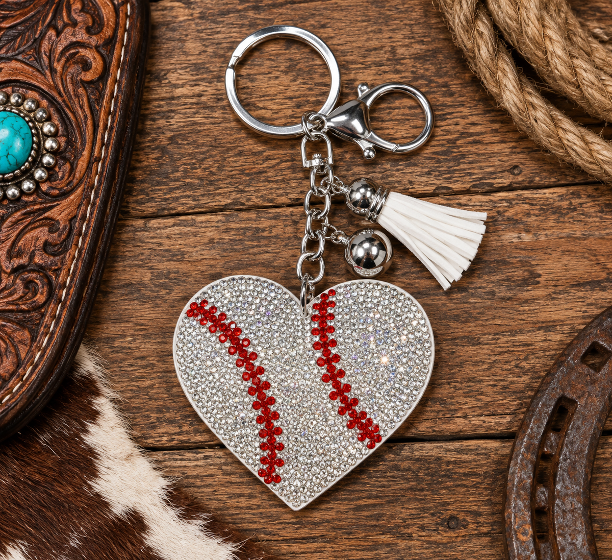 Rhinestone baseball heart keychain