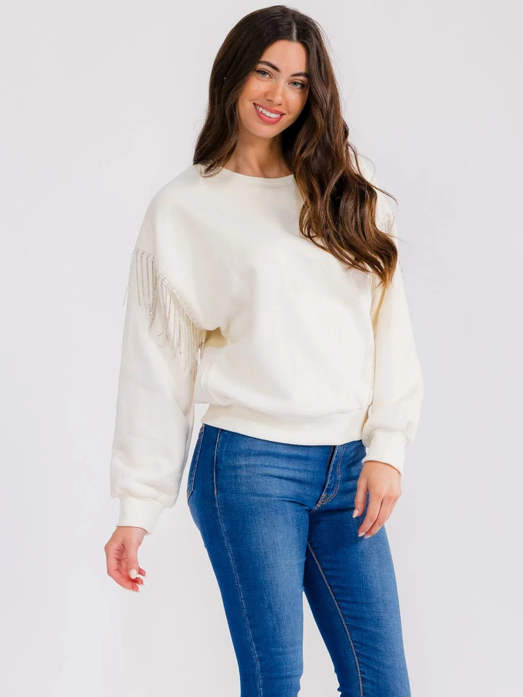 Women’s Long Sleeve Fringe Rhinestones Detailed Pullover Sweater