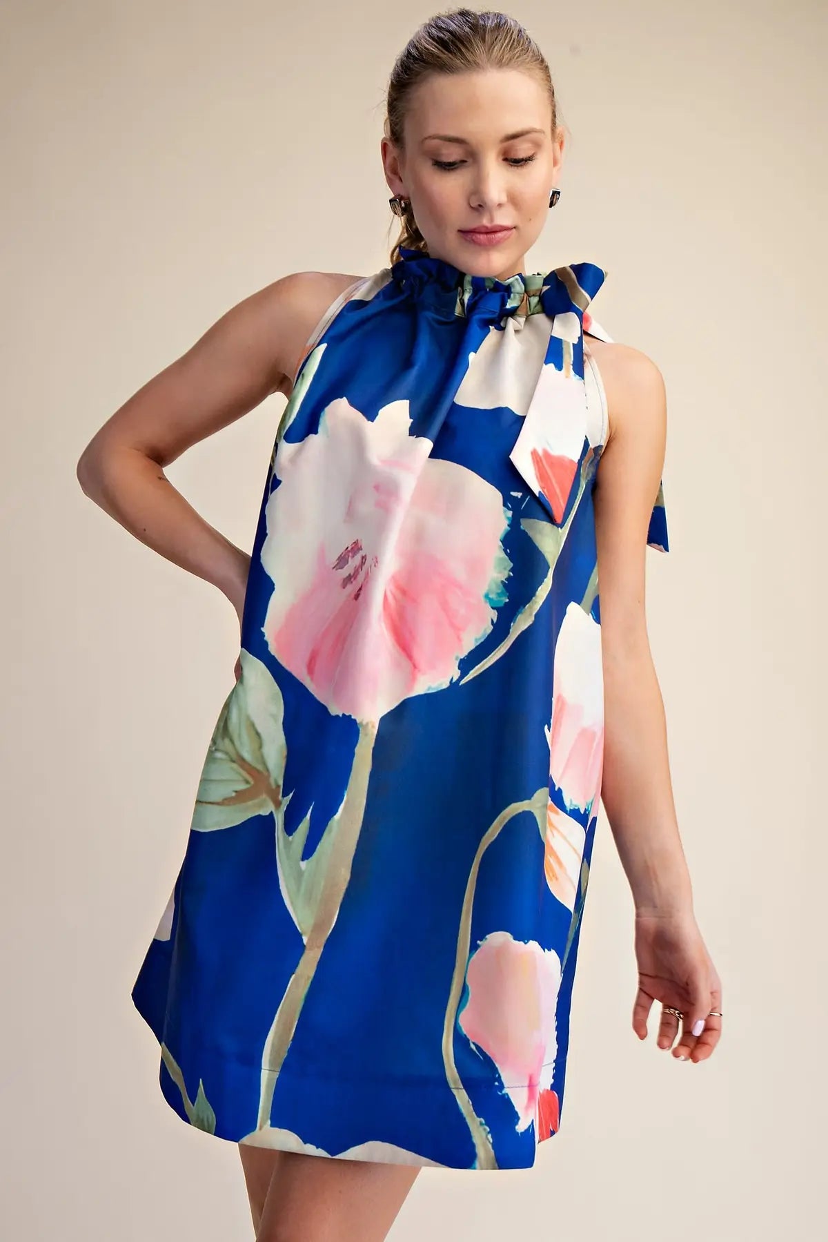 Glam Ruffle Neck Tie Sleeveless Floral Print Mini Dress Royal