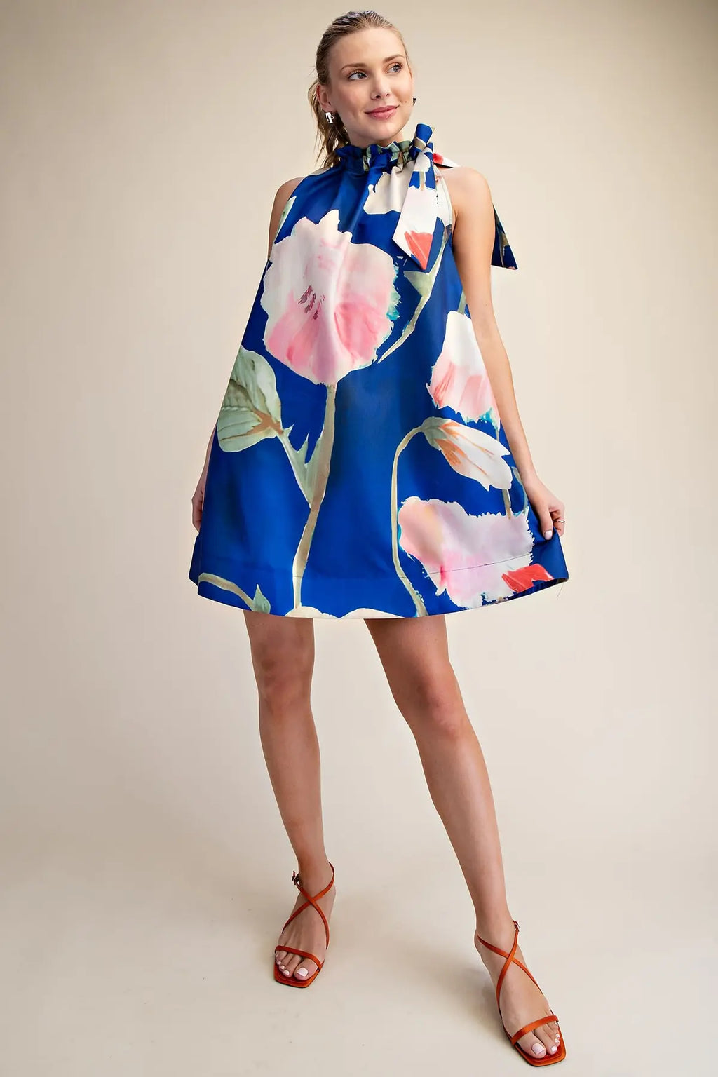 Glam Ruffle Neck Tie Sleeveless Floral Print Mini Dress Royal