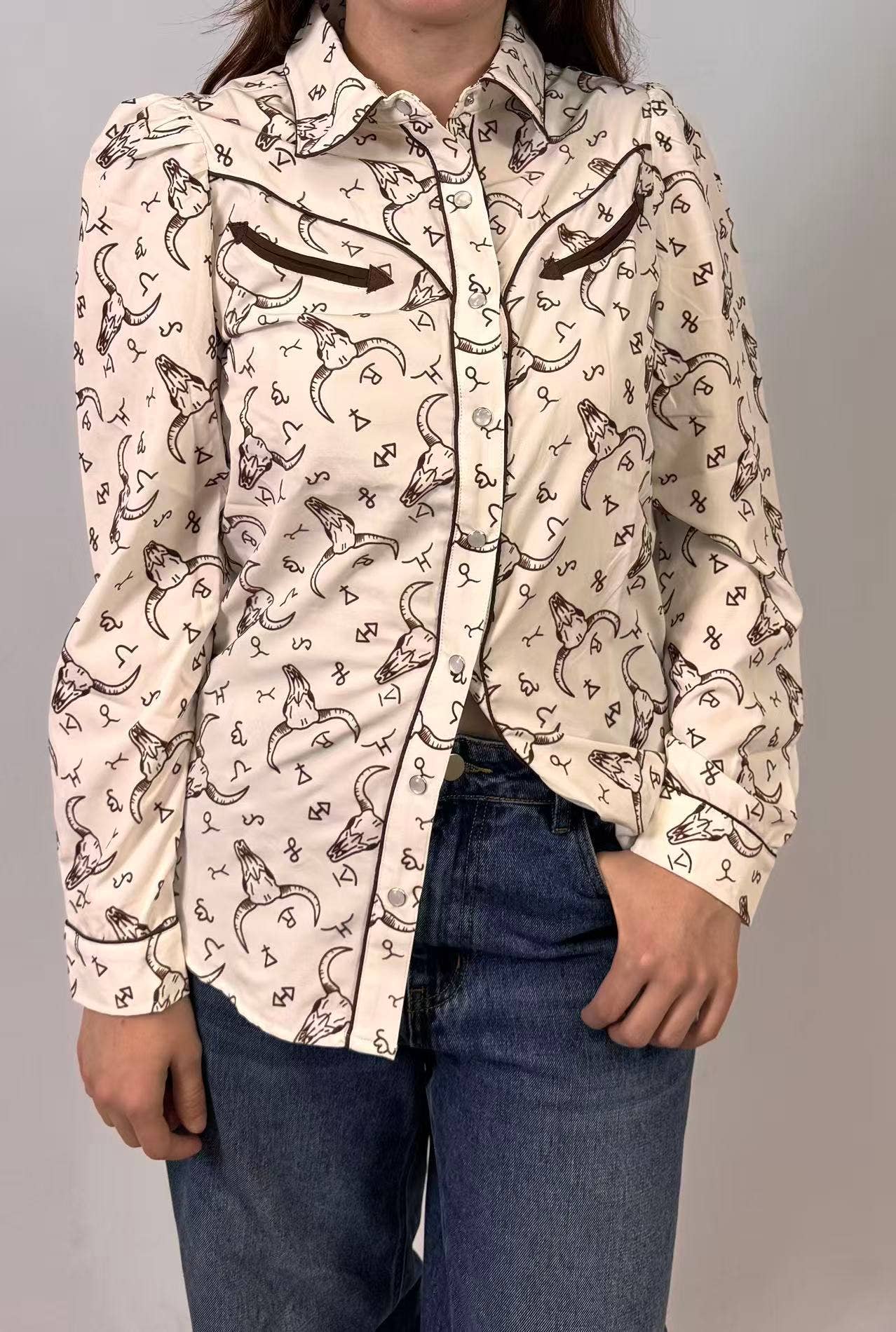 MK833 Branded Cow Skull Button Up LS Shirt: Cream / L