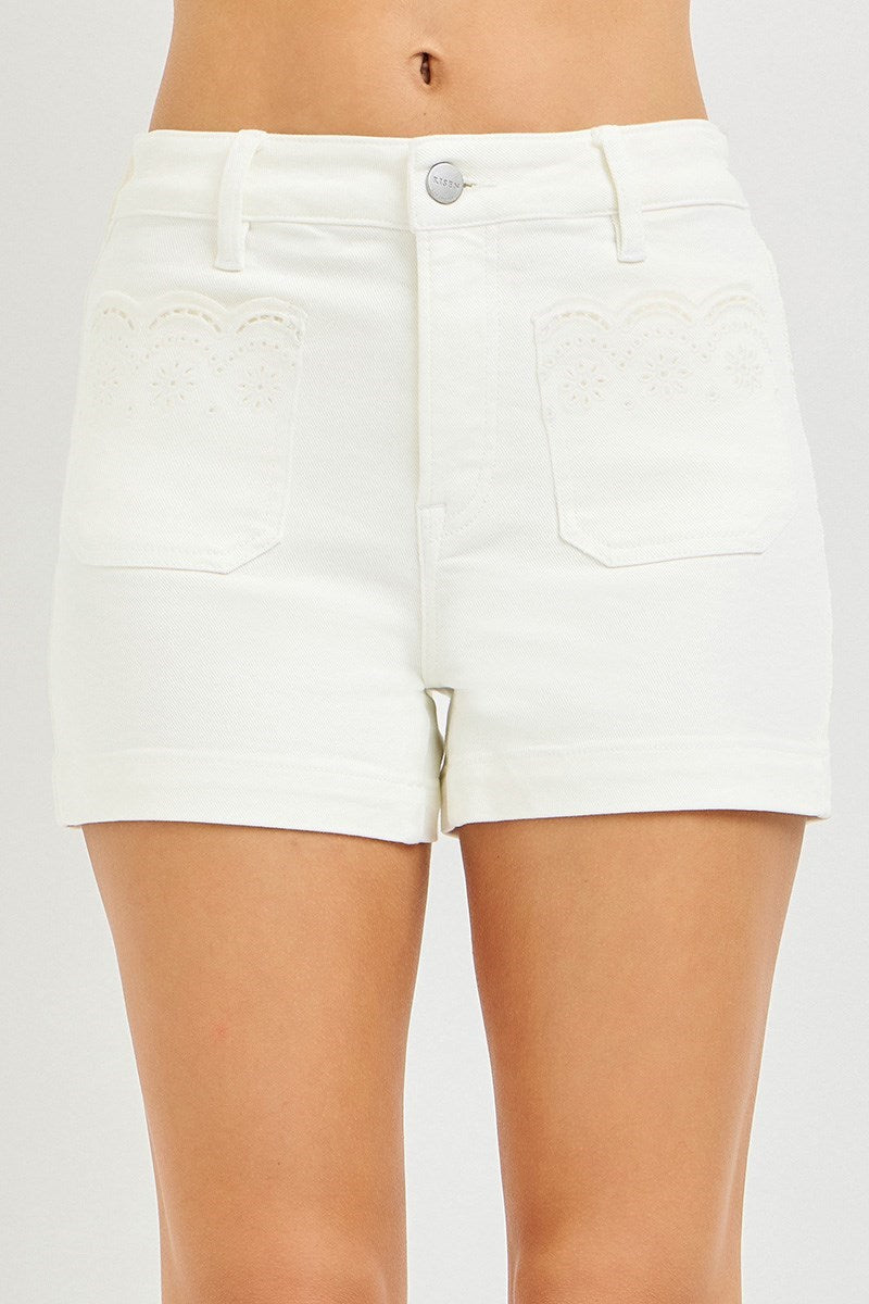RISEN HIGH RISE SHORTS WITH SCALLOPED EYELET EMBROIDERED POCKETS