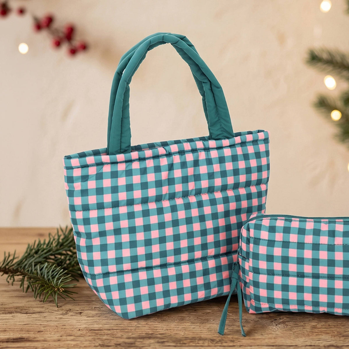 Hana - Gingham Check Pattern Quilted Puffer Tote Bag