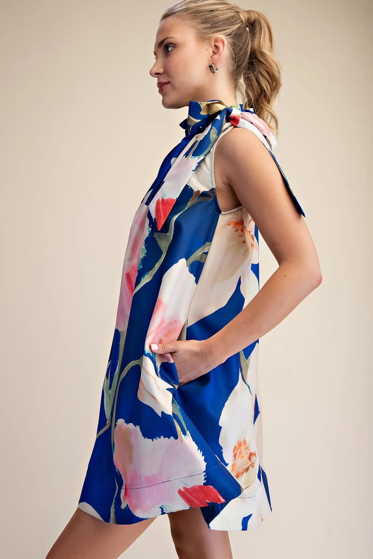 Glam Ruffle Neck Tie Sleeveless Floral Print Mini Dress Royal