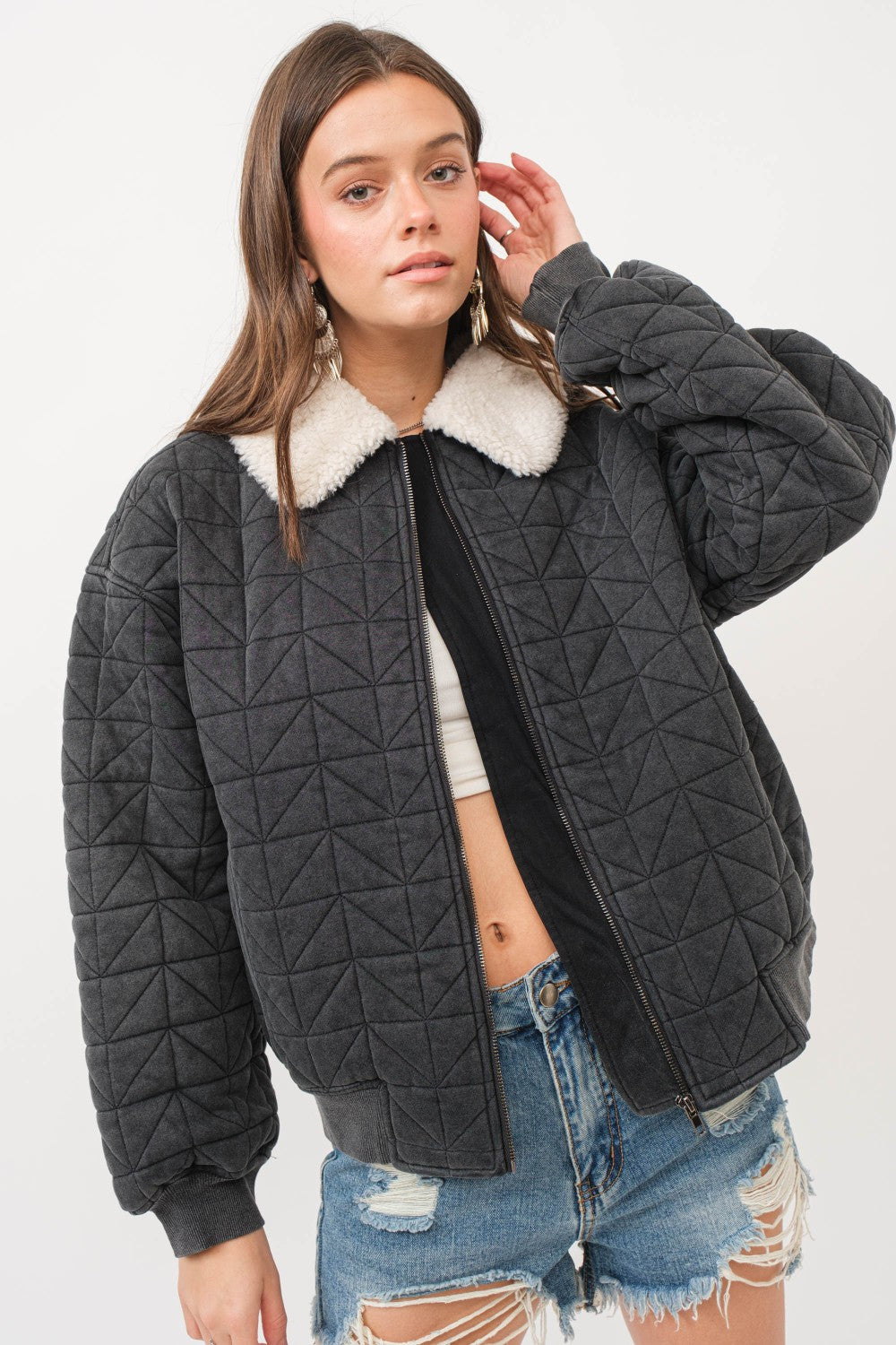 Garment Washed Quilted Terry Collared Zip Up Lined Jacket Black