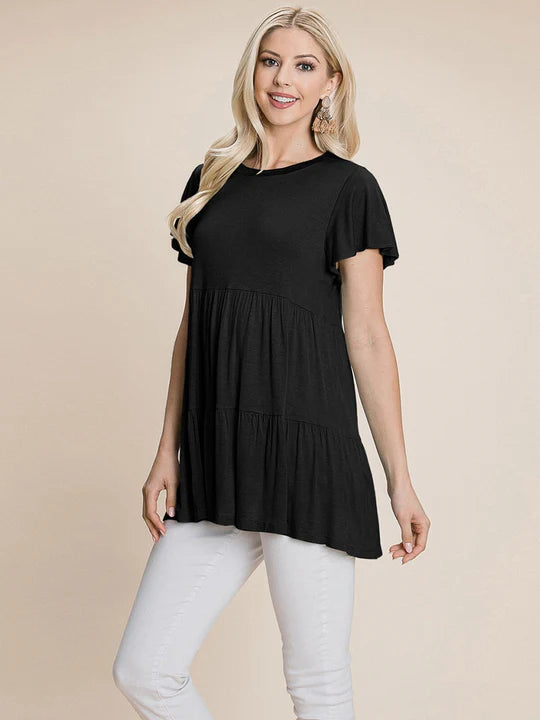 WOMEN'S SHORT SLEEVE LOOSE FIT TIERED TUNIC TOP Black