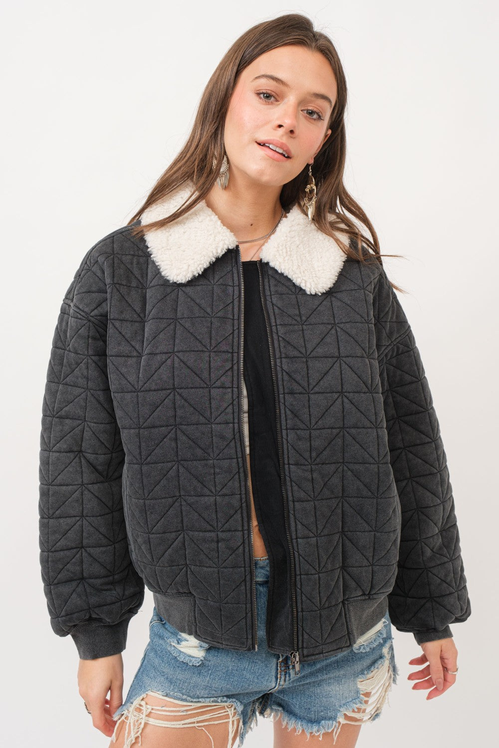Garment Washed Quilted Terry Collared Zip Up Lined Jacket Black