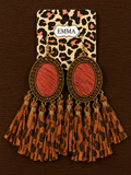 Red Cowhide with brown stones and leopard fringe earrings
