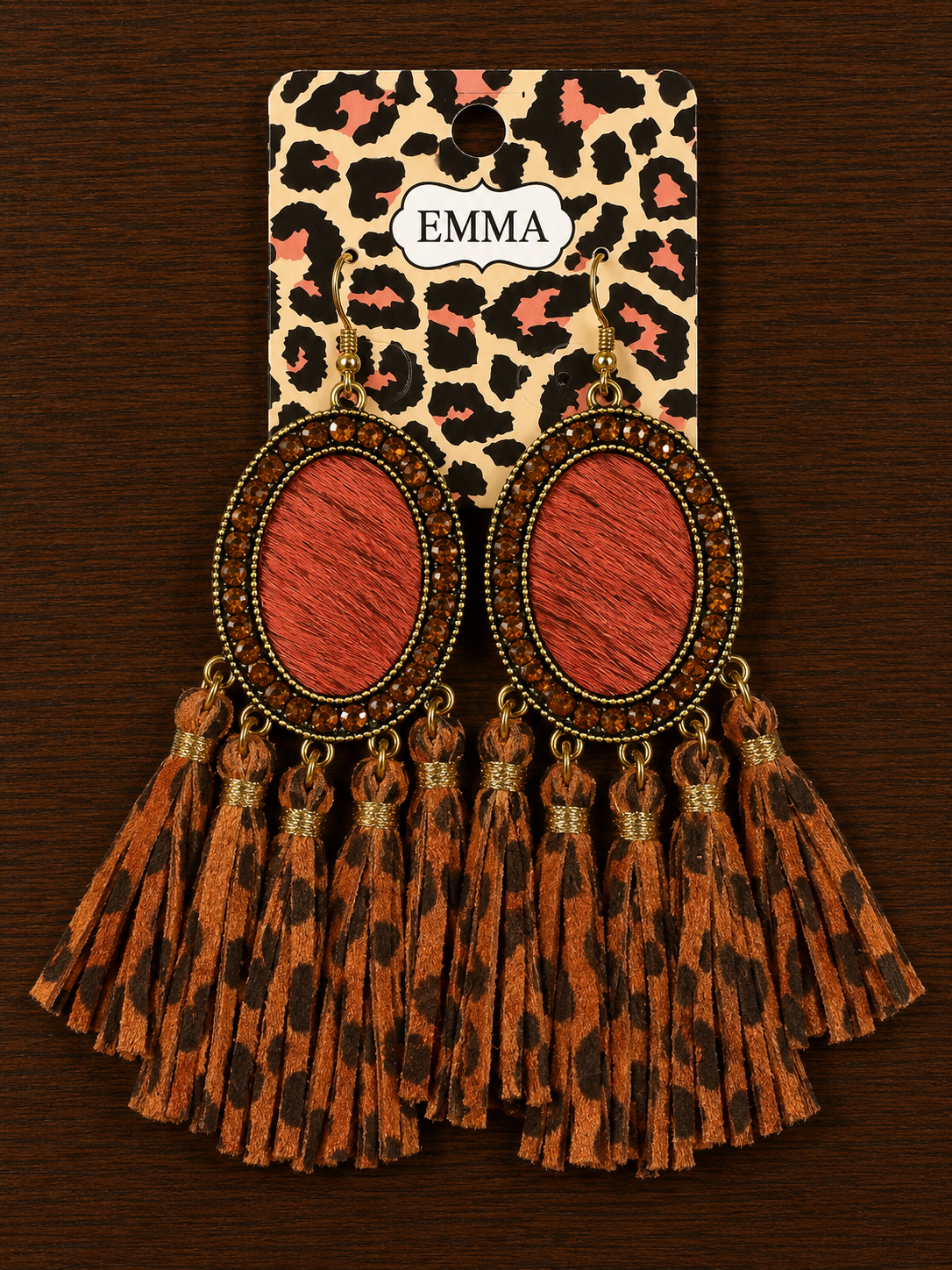 Red Cowhide with brown stones and leopard fringe earrings
