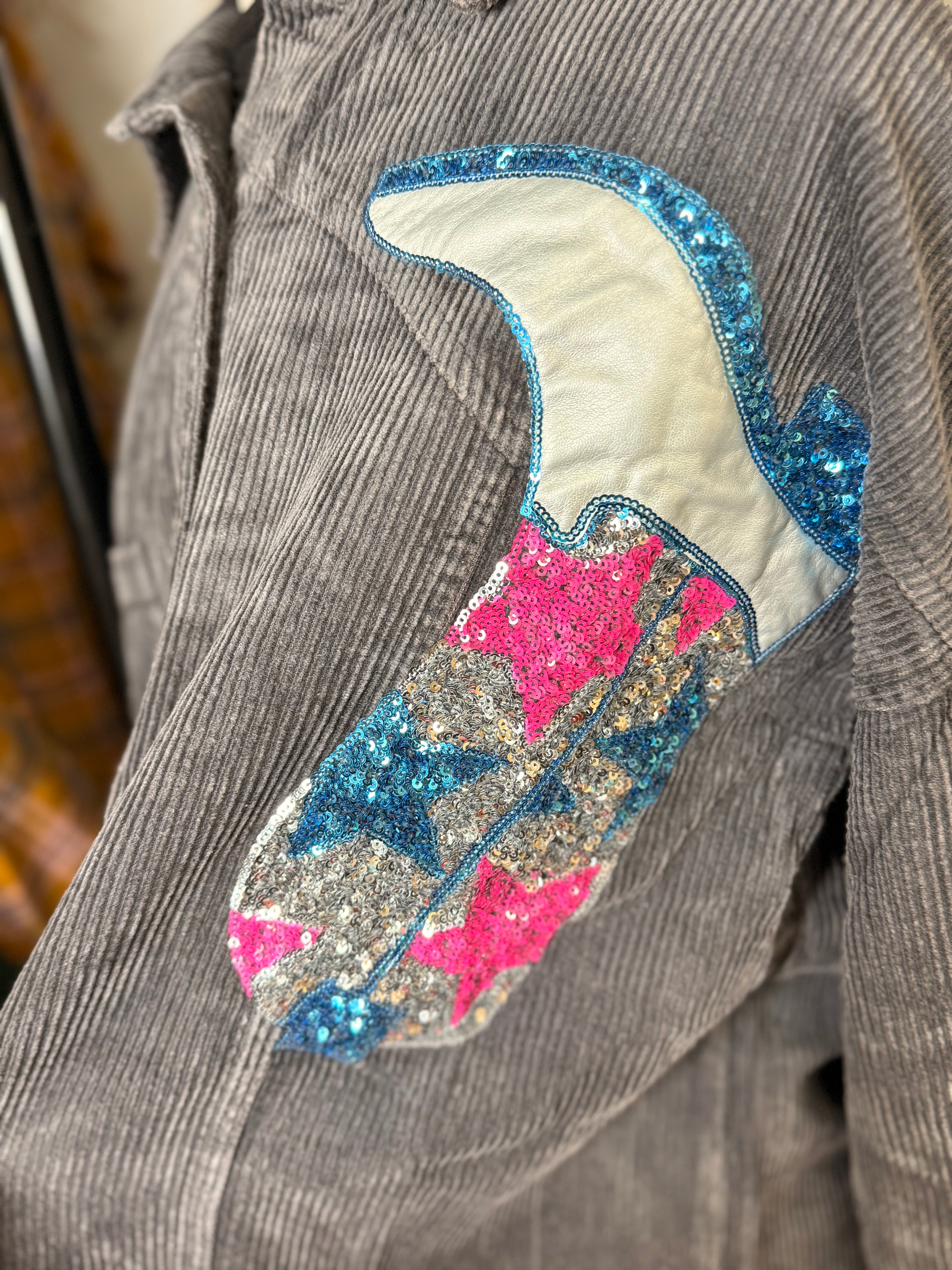 Peach Love Cowboy Boots Sequin Corduroy Shacket Grey