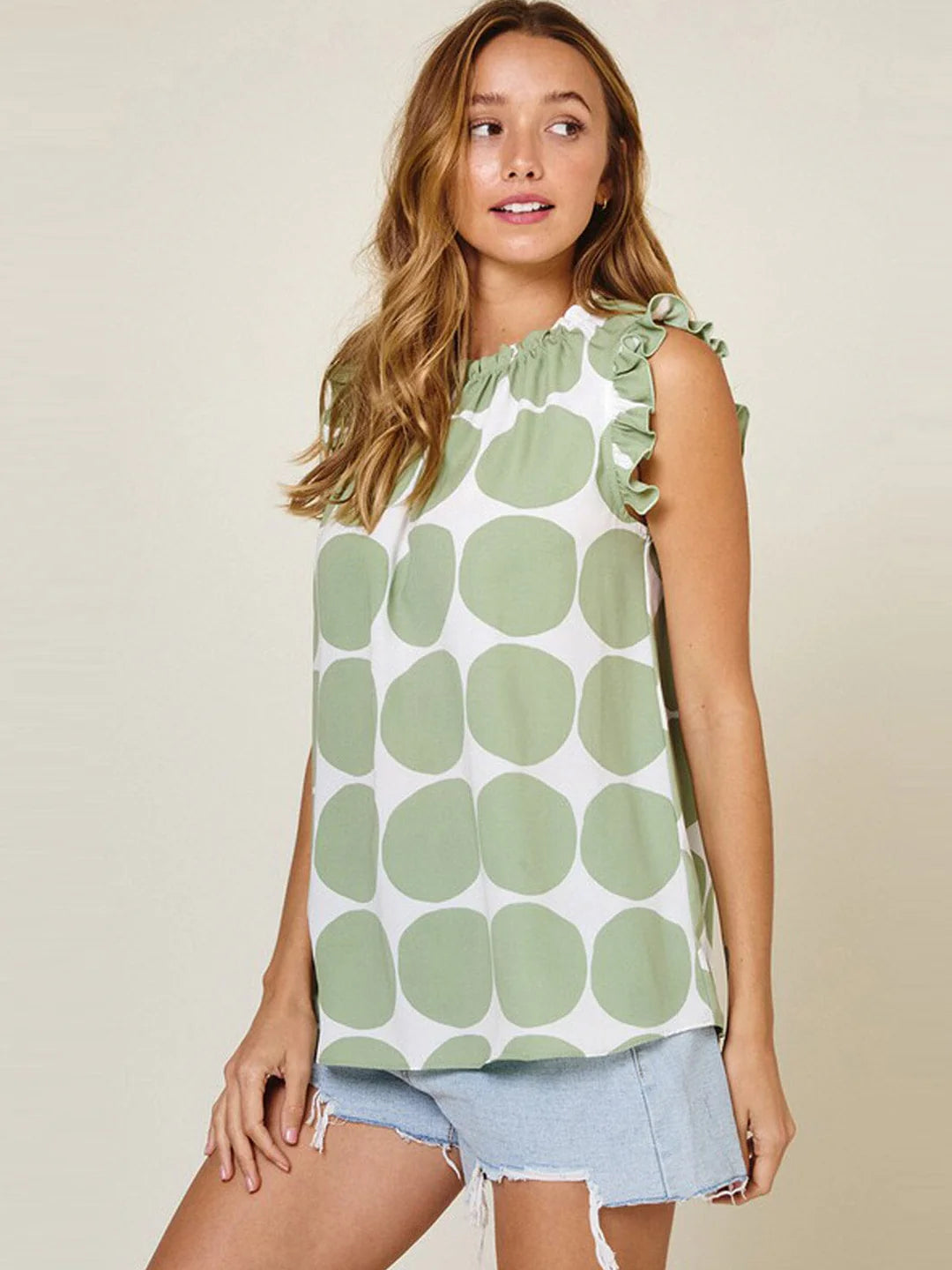 WOMEN'S RUFFLE SLEEVE SMOCK NECK PRINTED BLOUSE