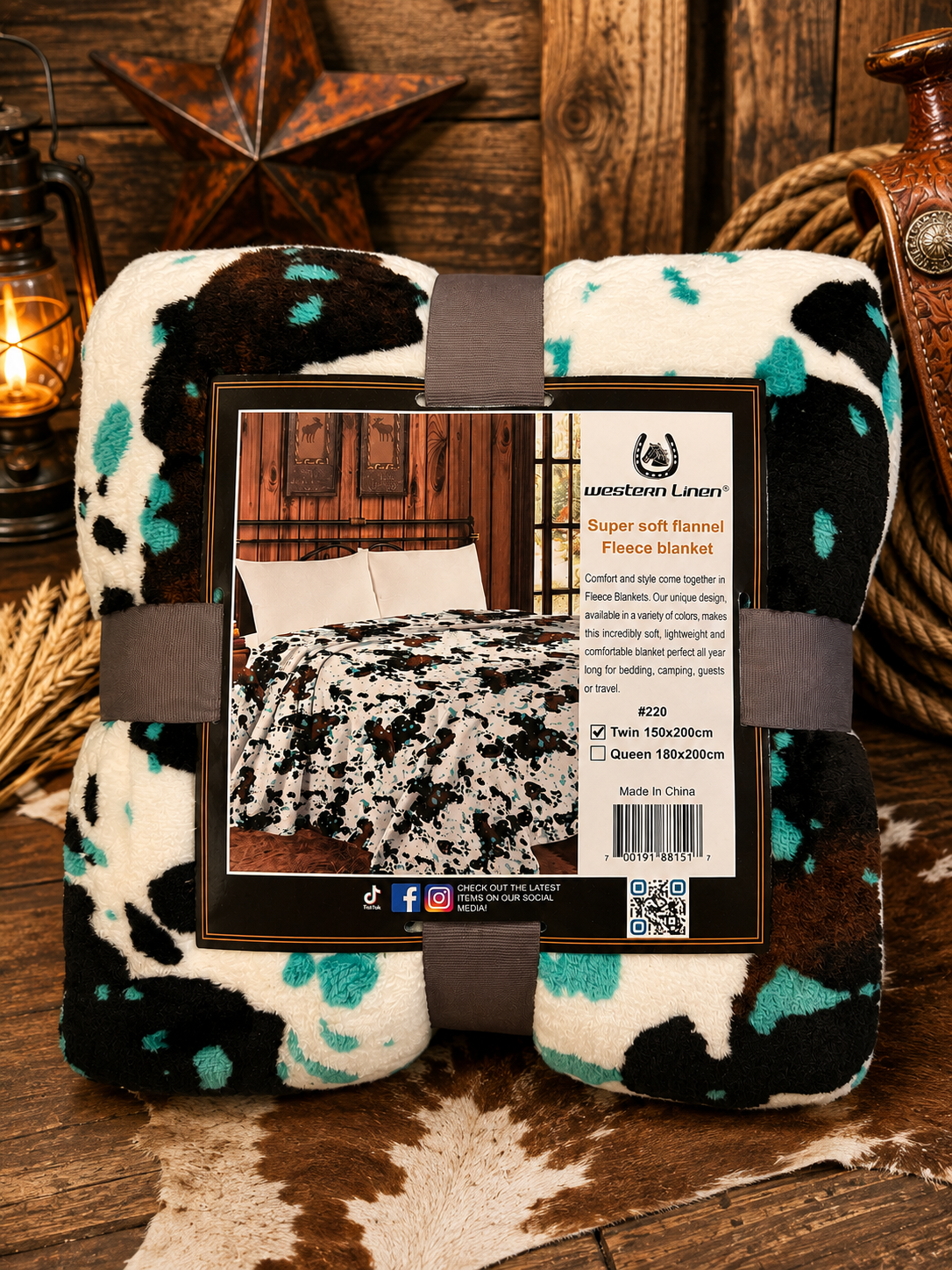 Mia Turquoise Cow Print Soft Fleece Throw Blanket Queen size