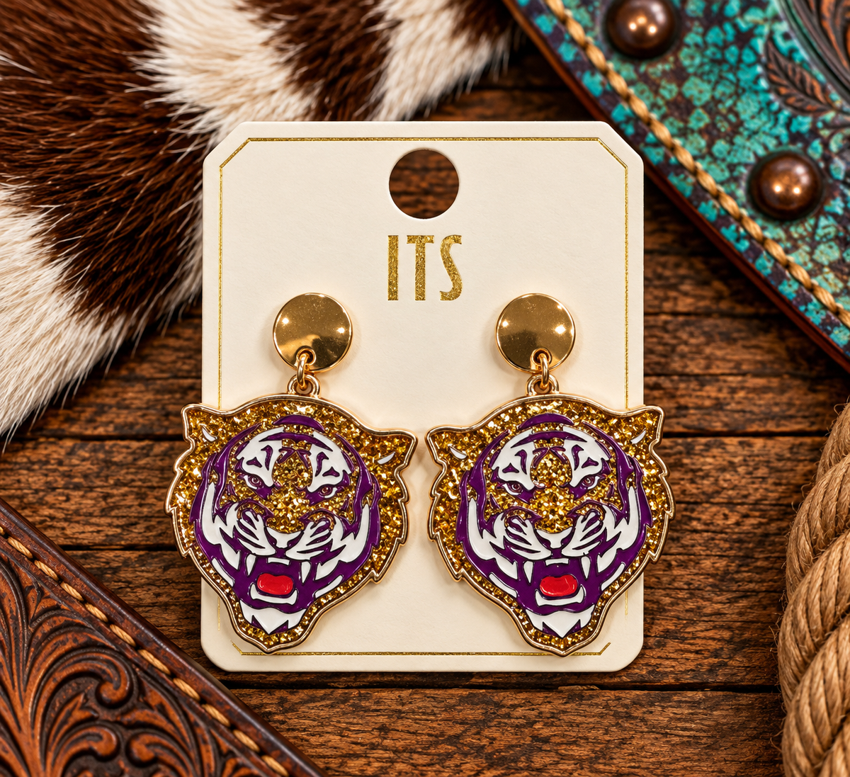 Gold and purple tiger earrings