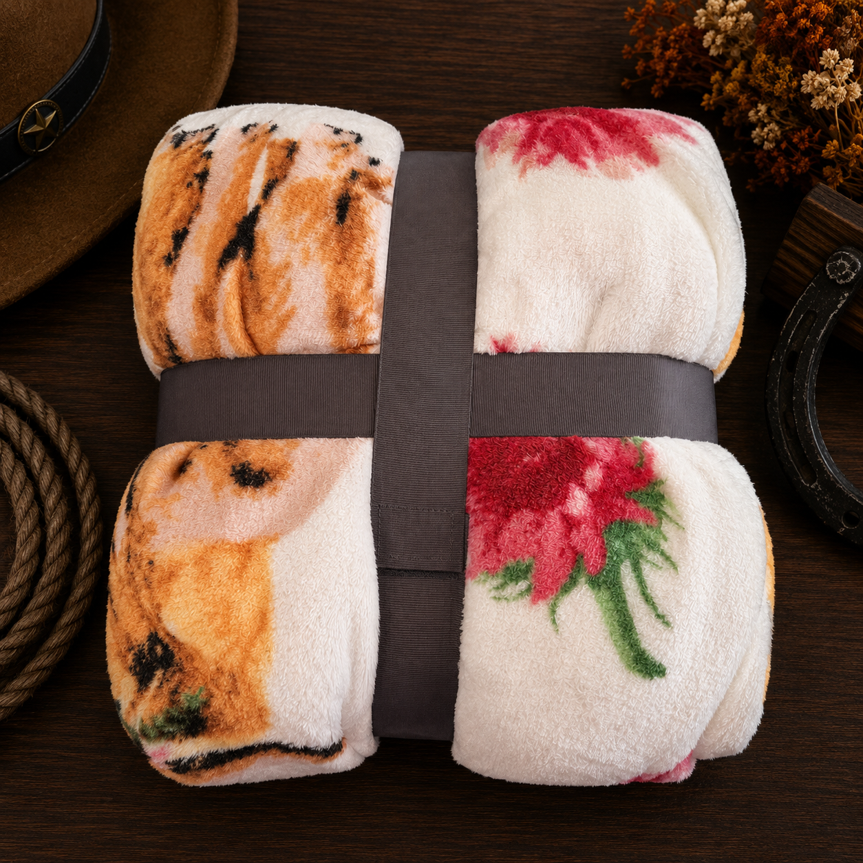 Mia Highland Cow & pink flowers Soft Fleece Throw Blanket Queen size