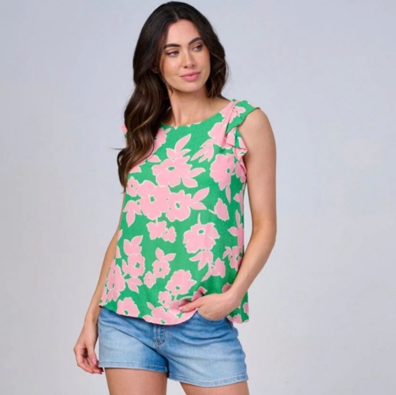 Les Amis Green and Pink Floral Blouse