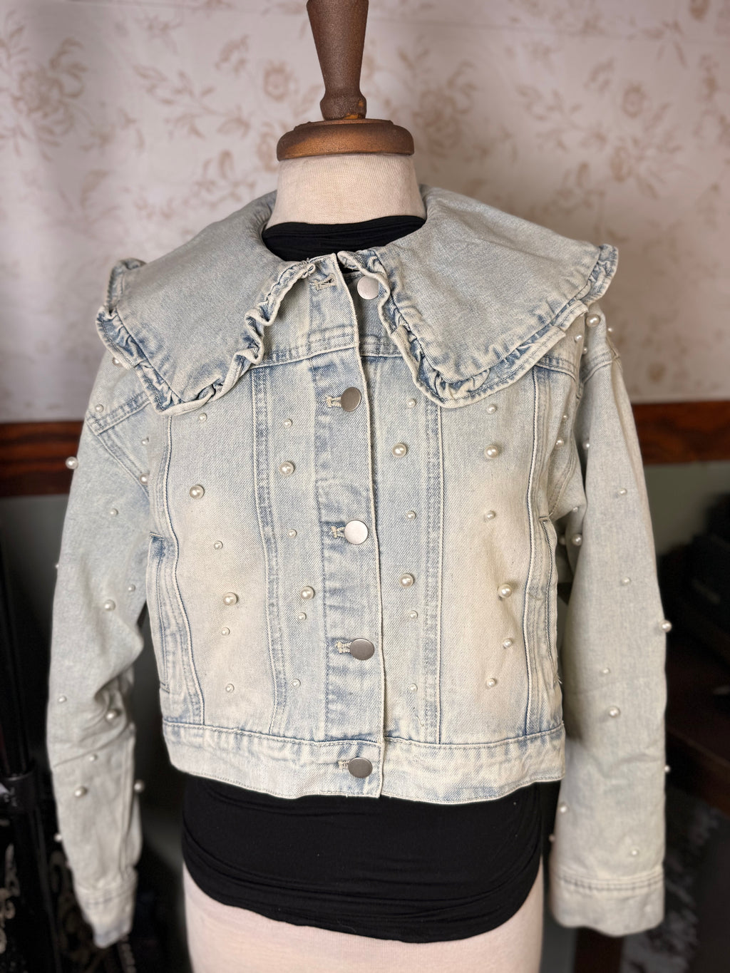 Peach Love Acid Wash Pearl Embellished Denim Jacket With Ruffle Peter Pan Lapel