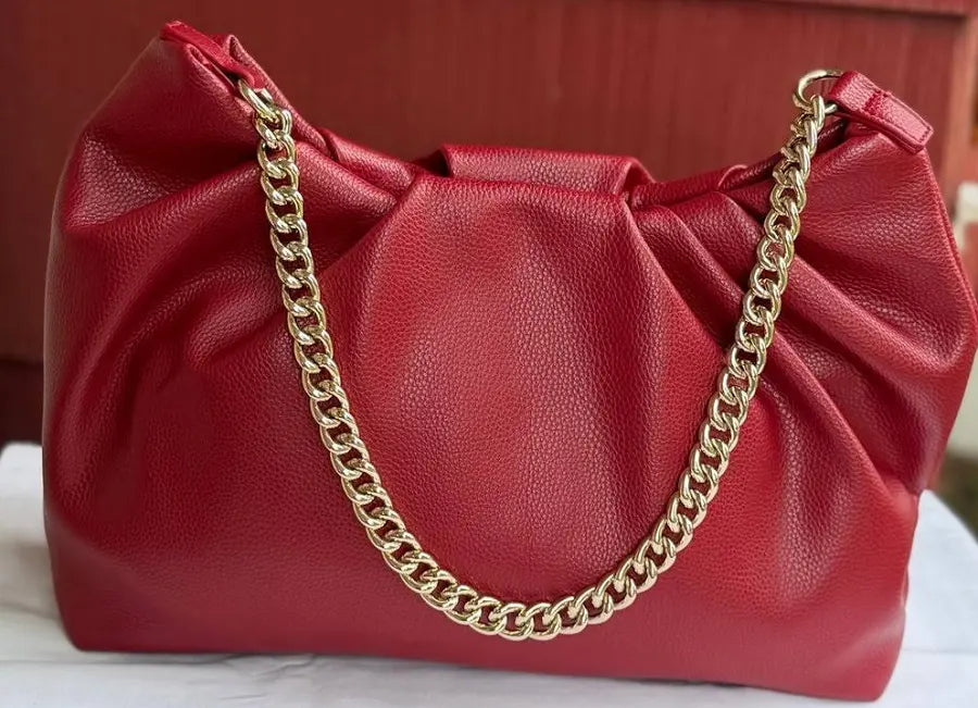 Chic Red Vegan Leather Shoulder Bag with Gold Chain