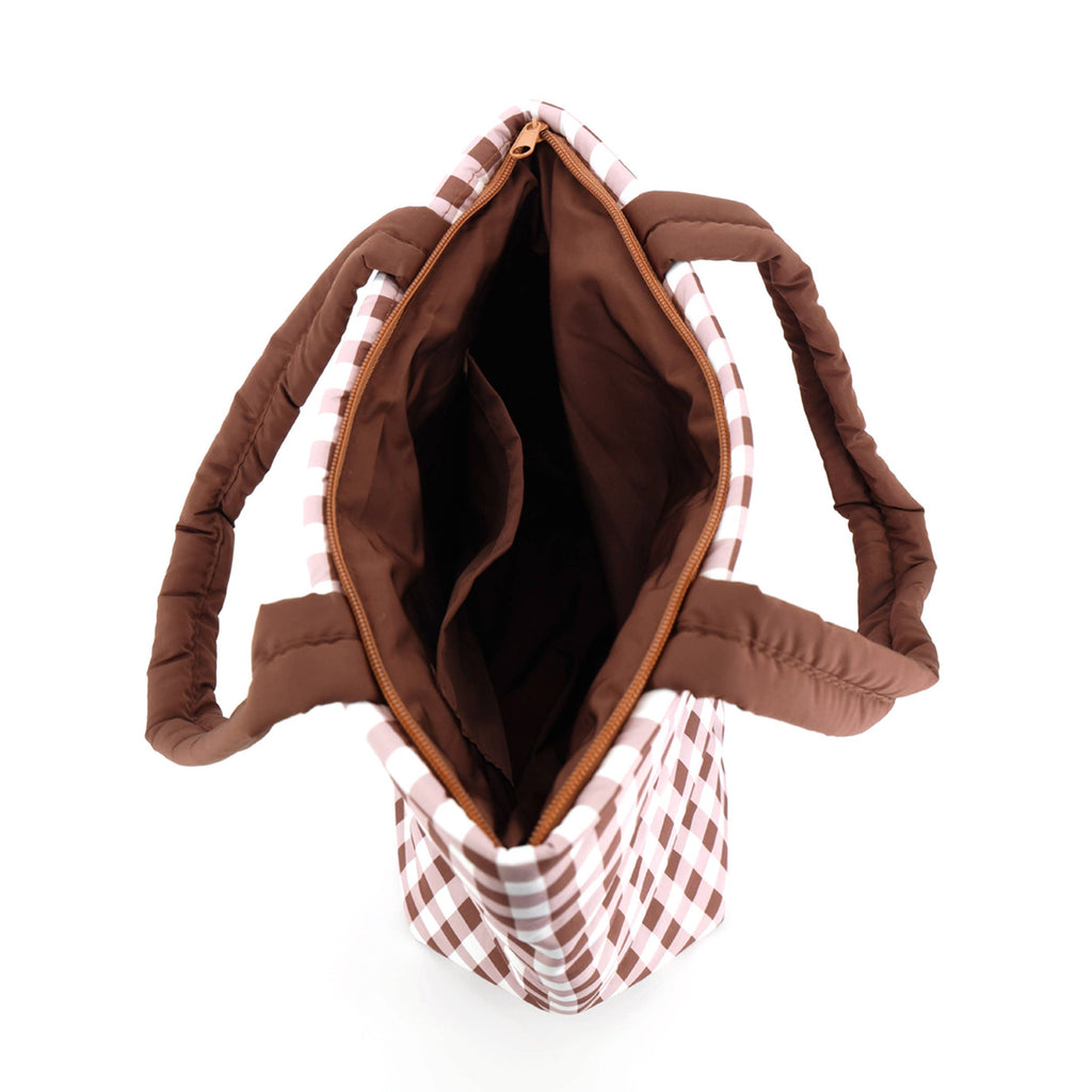 Hana - Gingham Check Pattern Quilted Puffer Tote Bag