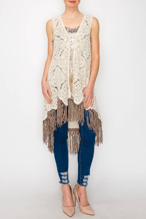 Origami Apparel ~  Lace and Crochet inspired - HIGH LOW CROCHET VEST WITH FAUX SUEDE FRINGE -4665FR  FRINGE