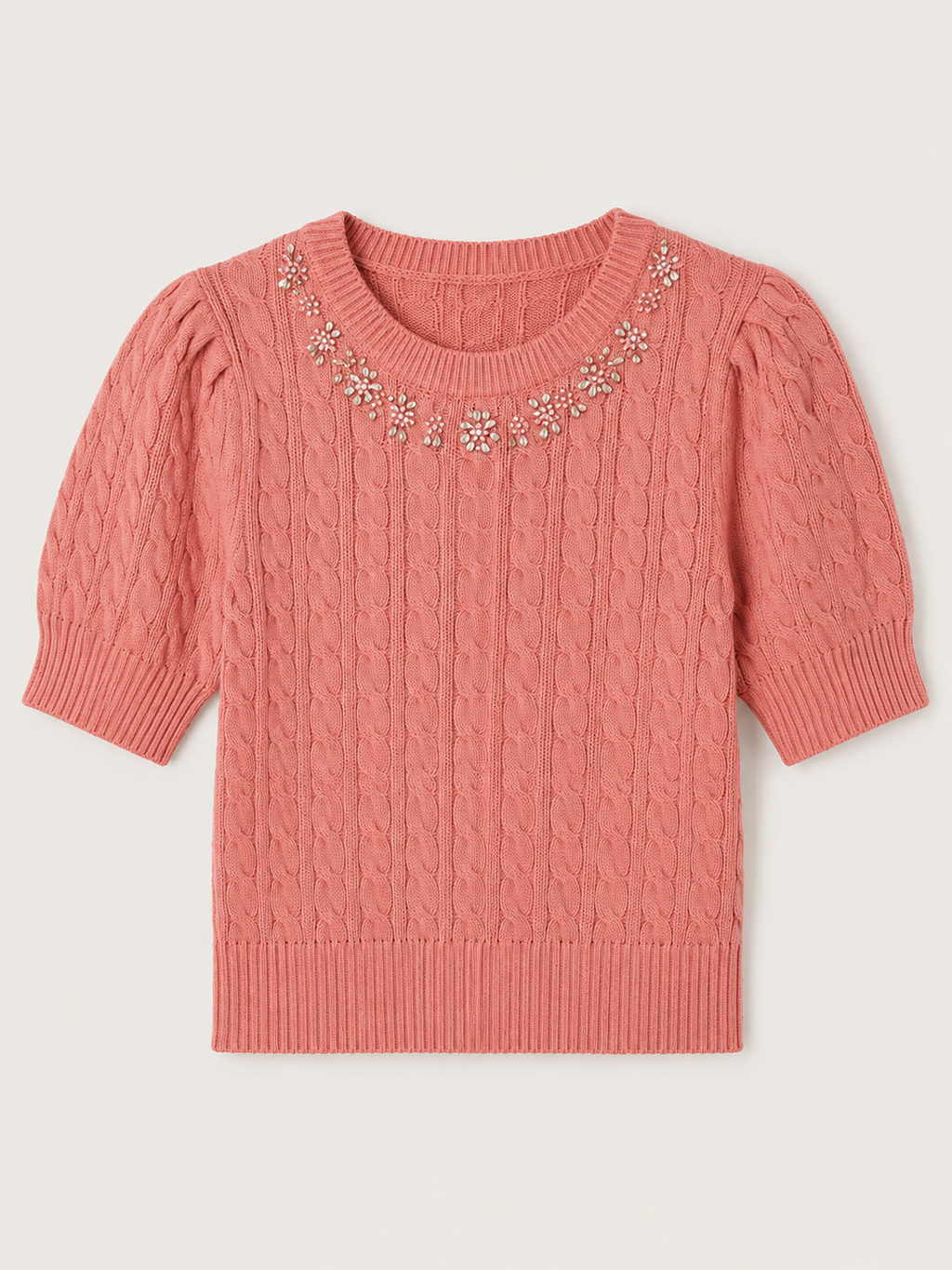 Heyson dusty pink cable knit sweater with rhinestone collar