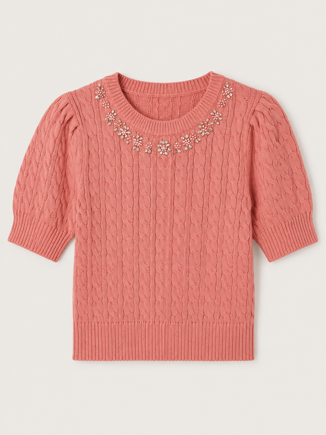 Heyson dusty pink cable knit sweater with rhinestone collar