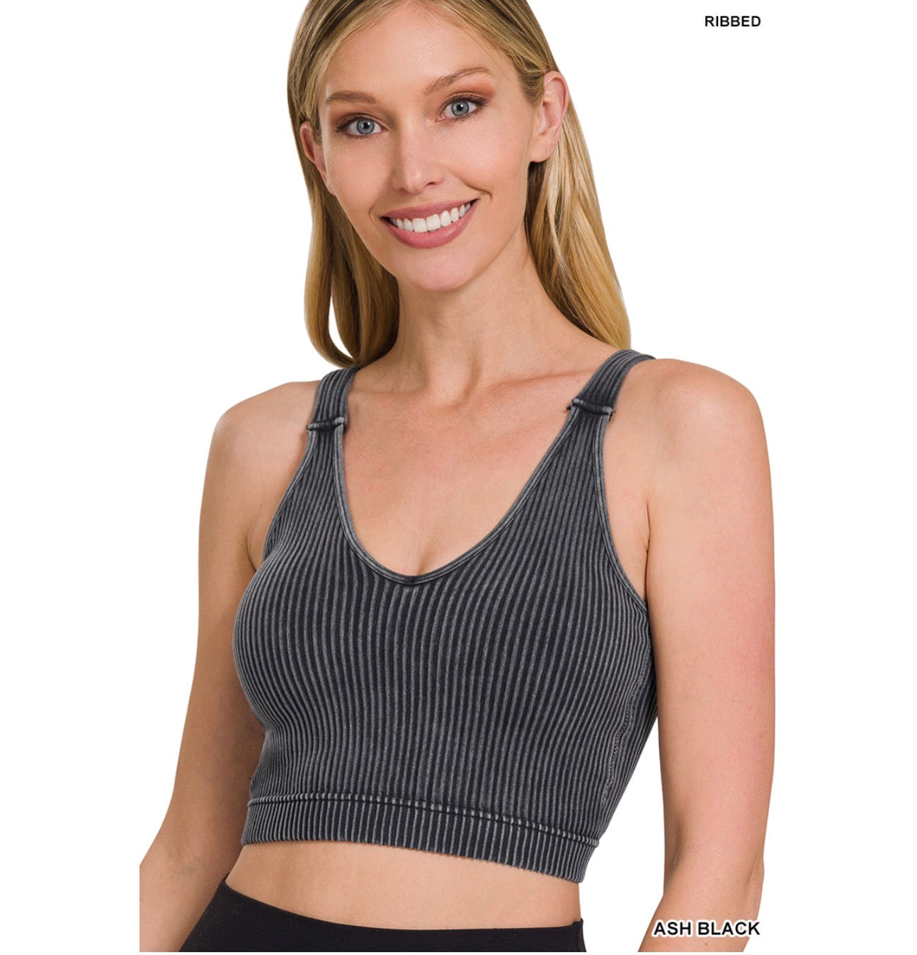 WASHED RIBBED CROPPED SEAMLESS BRA PADDED TANK TOP