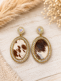 Gold rhinestone and cowhide earrings