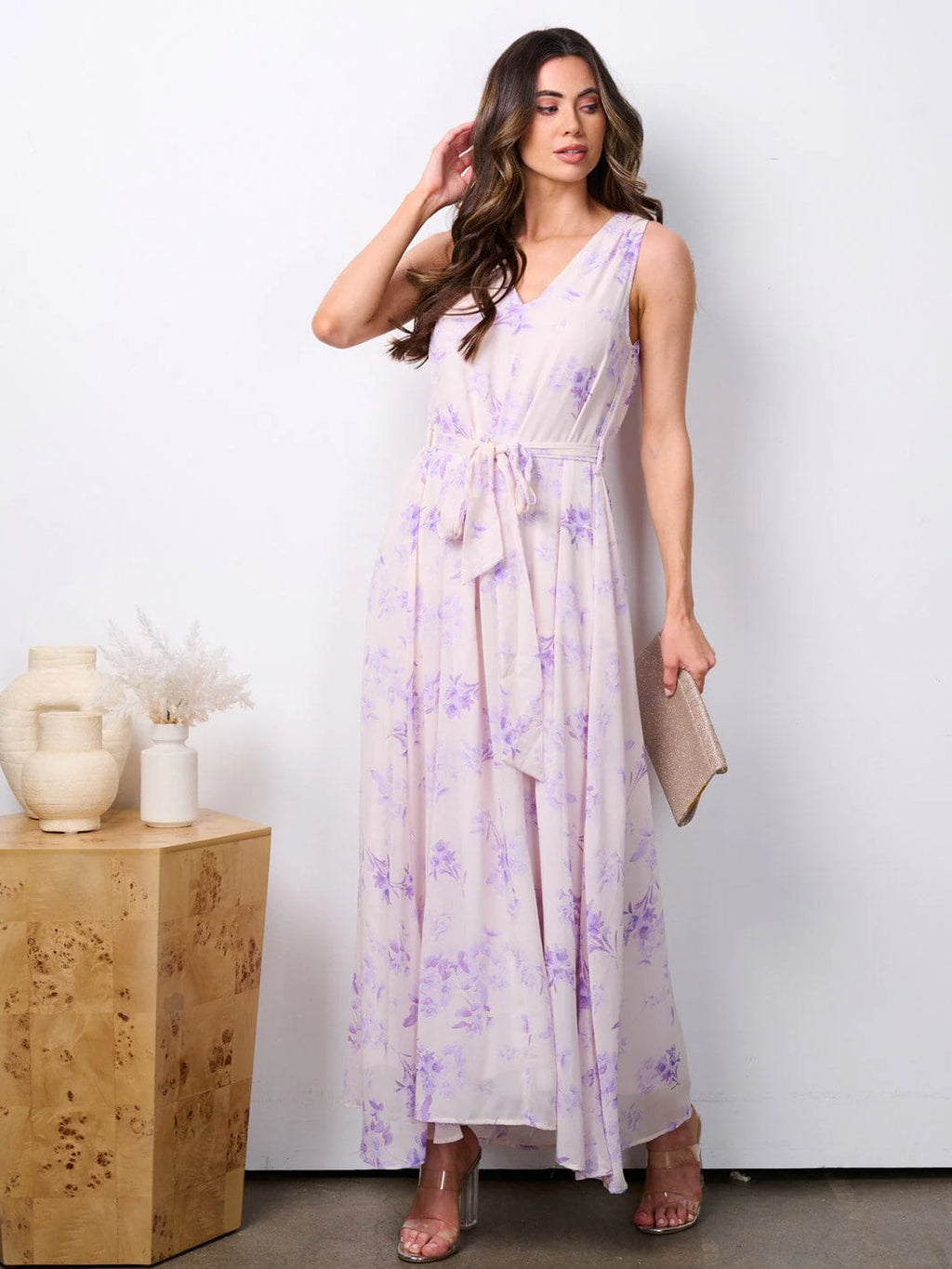 WOMEN'S SLEEVELESS V-NECK SELF TIE FLORAL MAXI DRESS