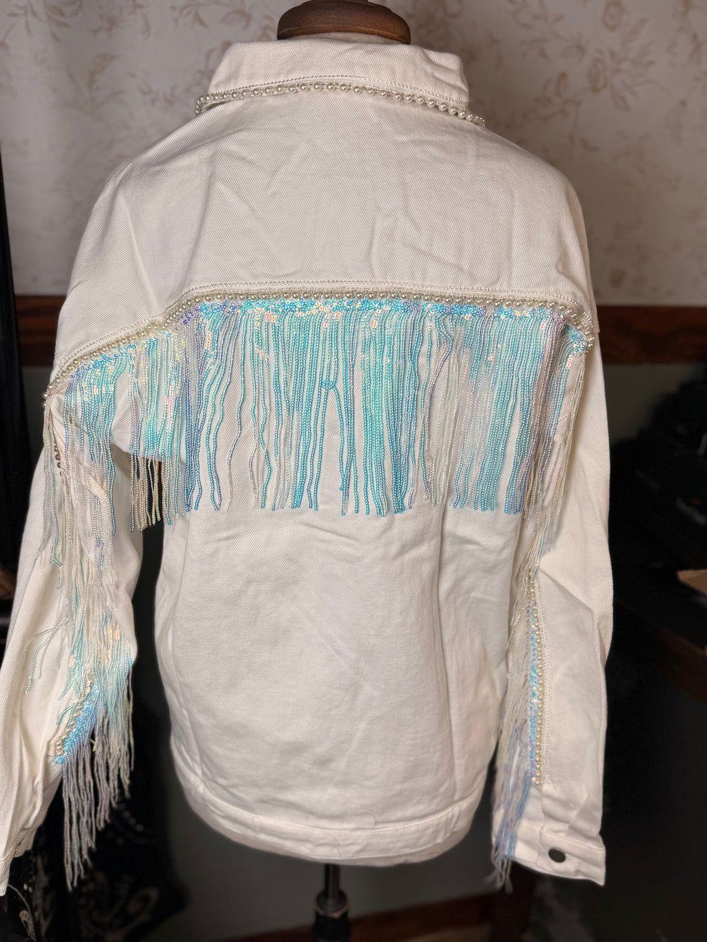 Fantastic Fawn Pearl and Iridescent Fringe White Denim Jacket