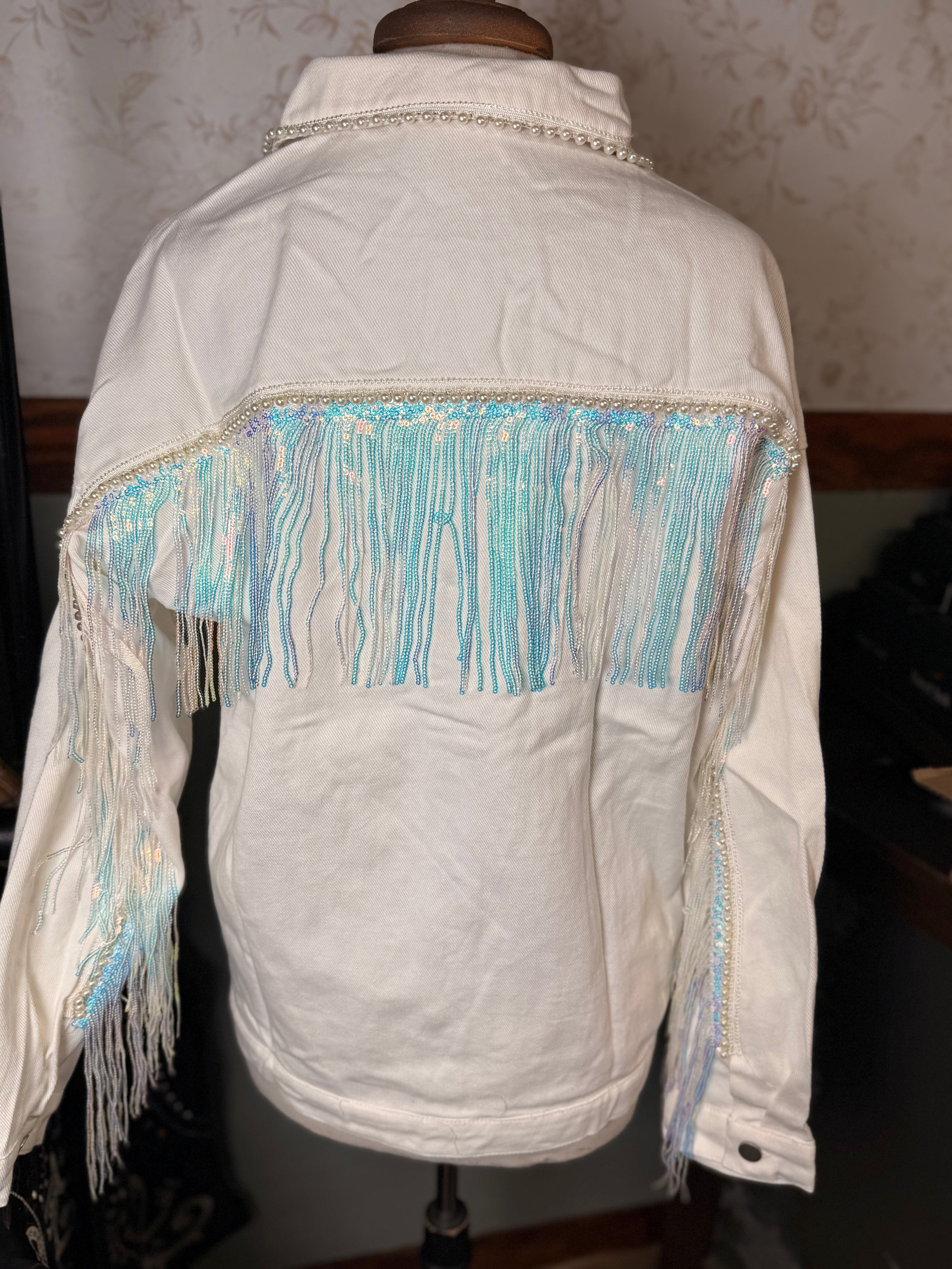 Fantastic Fawn Pearl and Iridescent Fringe White Denim Jacket