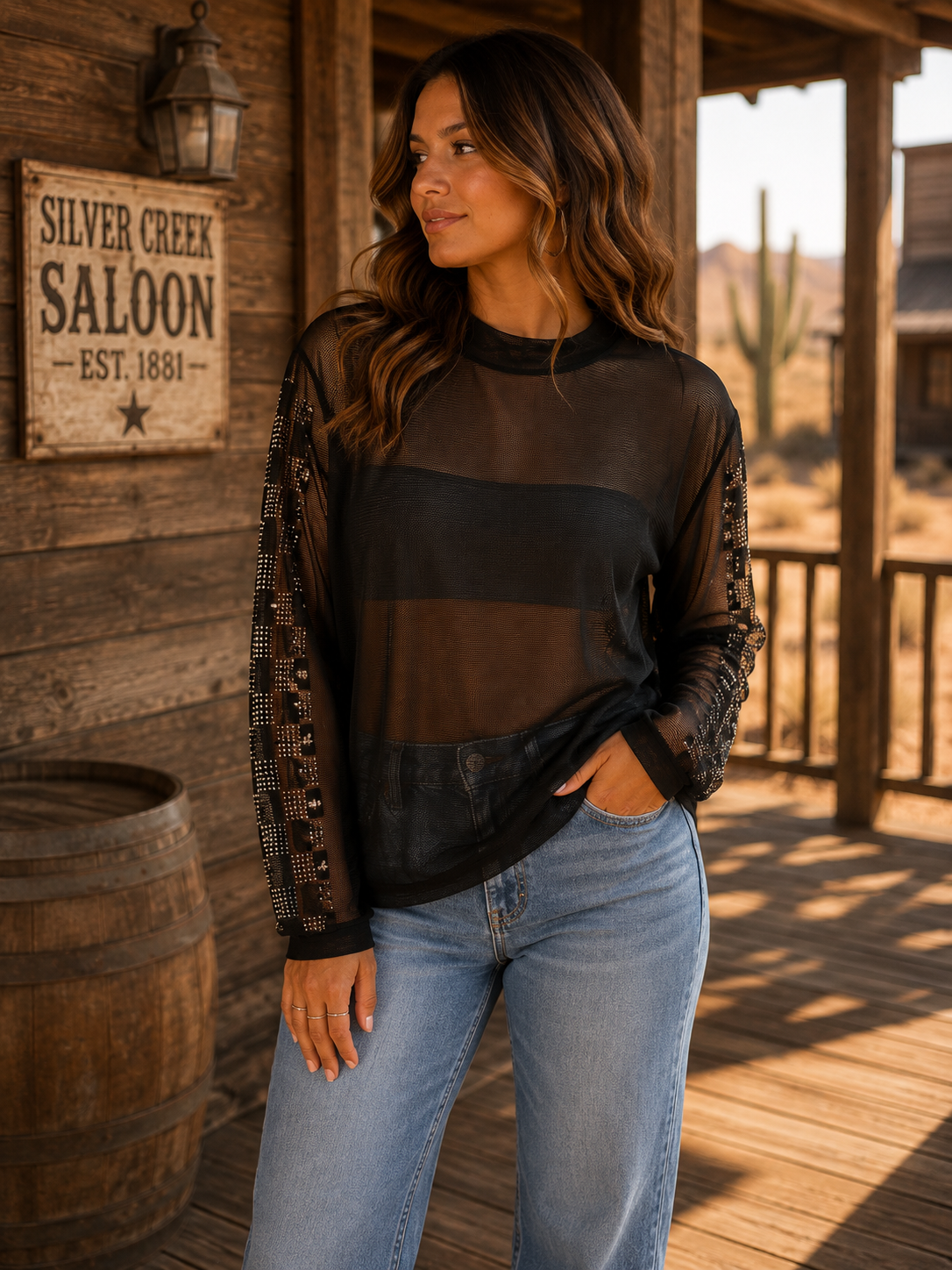 Black Mesh Top with Rhinestone Sleeves