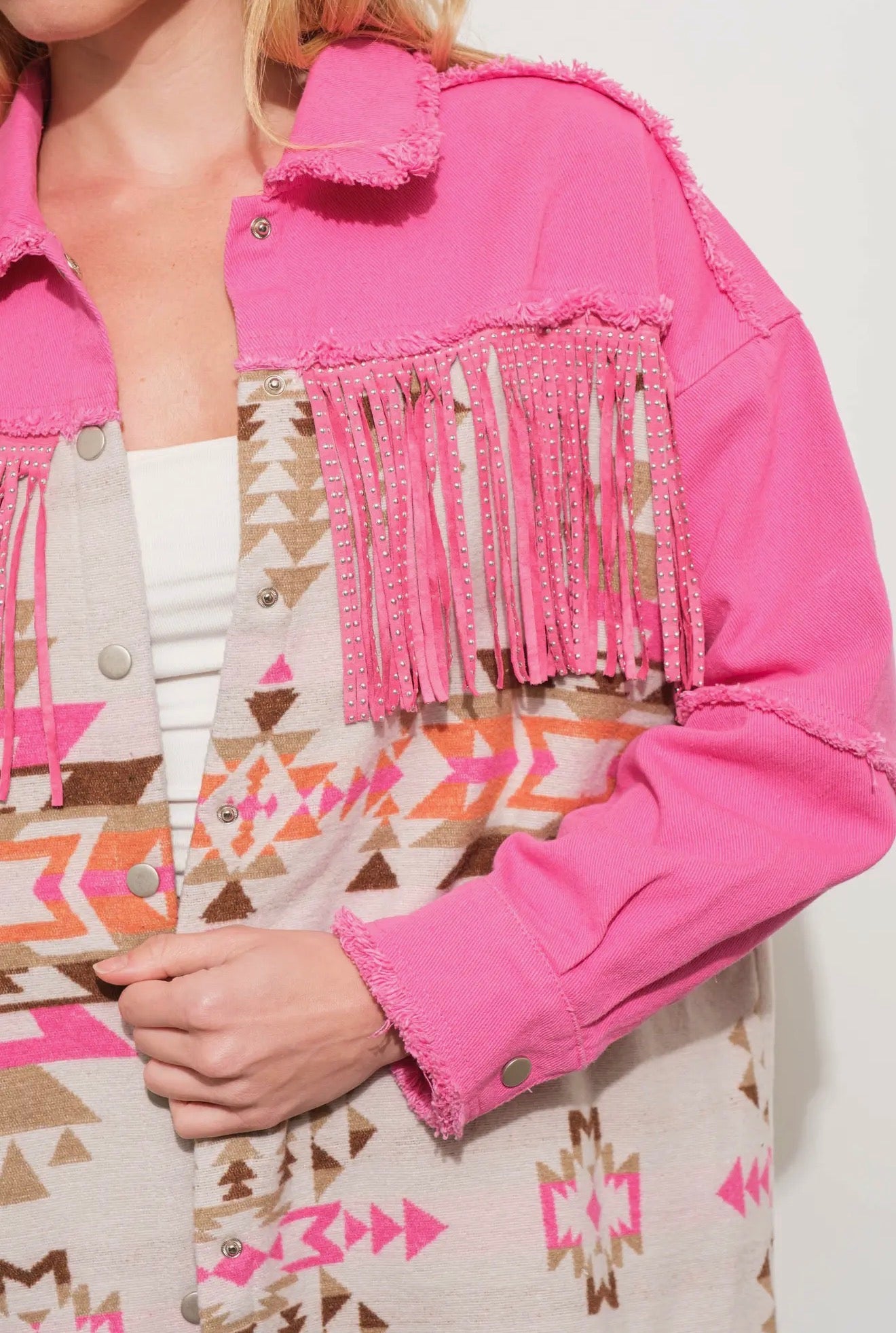 Blue b. Aztec Contrast frayed Shirt Jacket