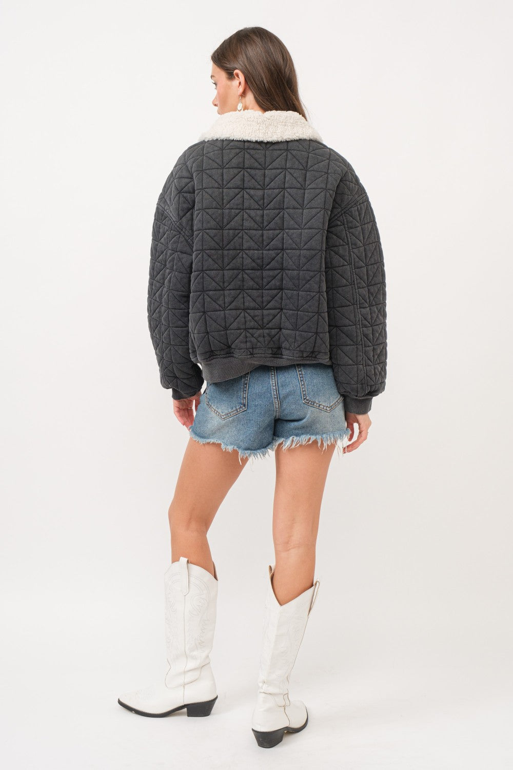 Garment Washed Quilted Terry Collared Zip Up Lined Jacket Black