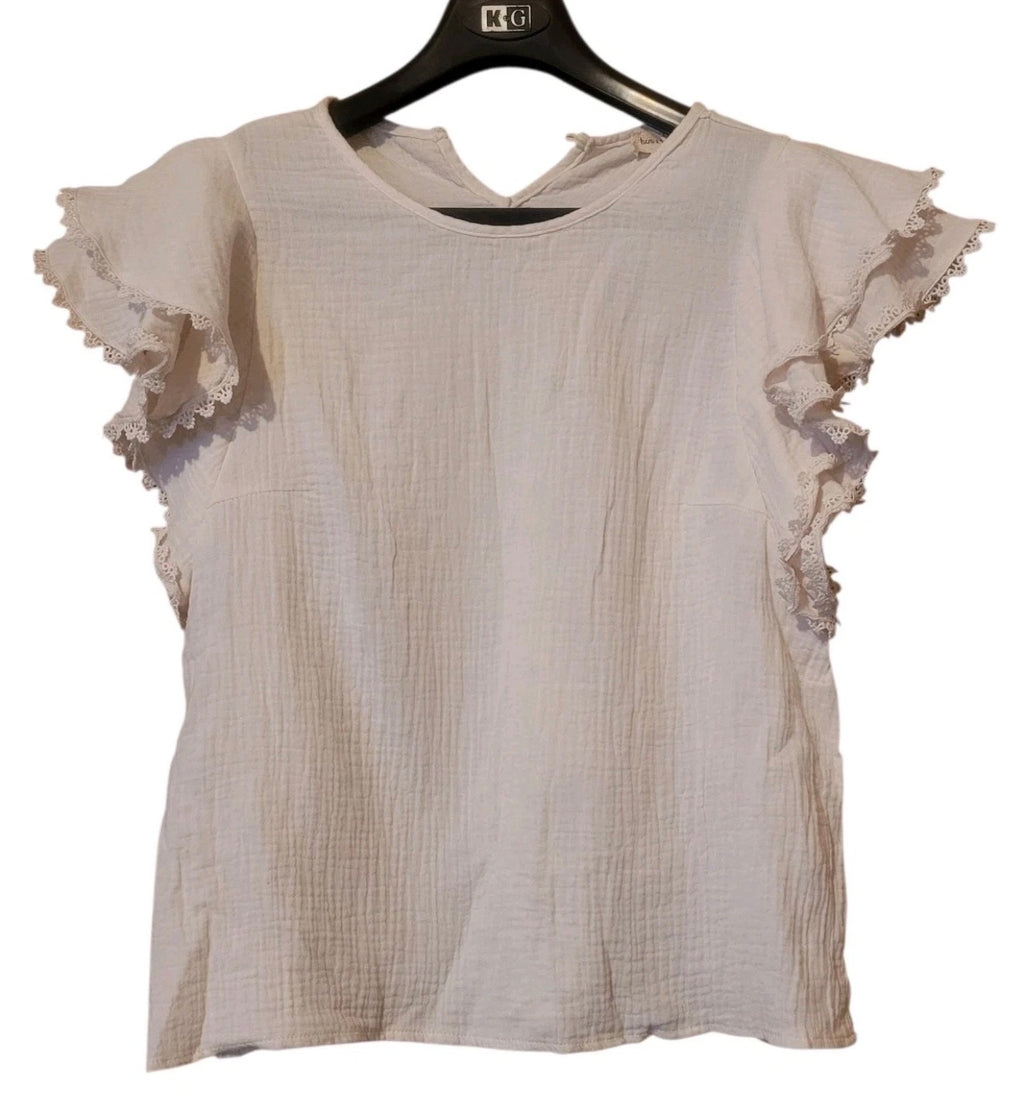 Hem & Thread Flutter Sleeve Gauze Woven Top - Cream