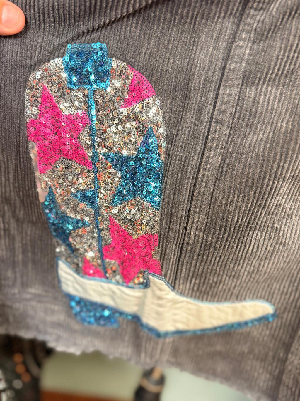 Peach Love Cowboy Boots Sequin Corduroy Shacket Grey