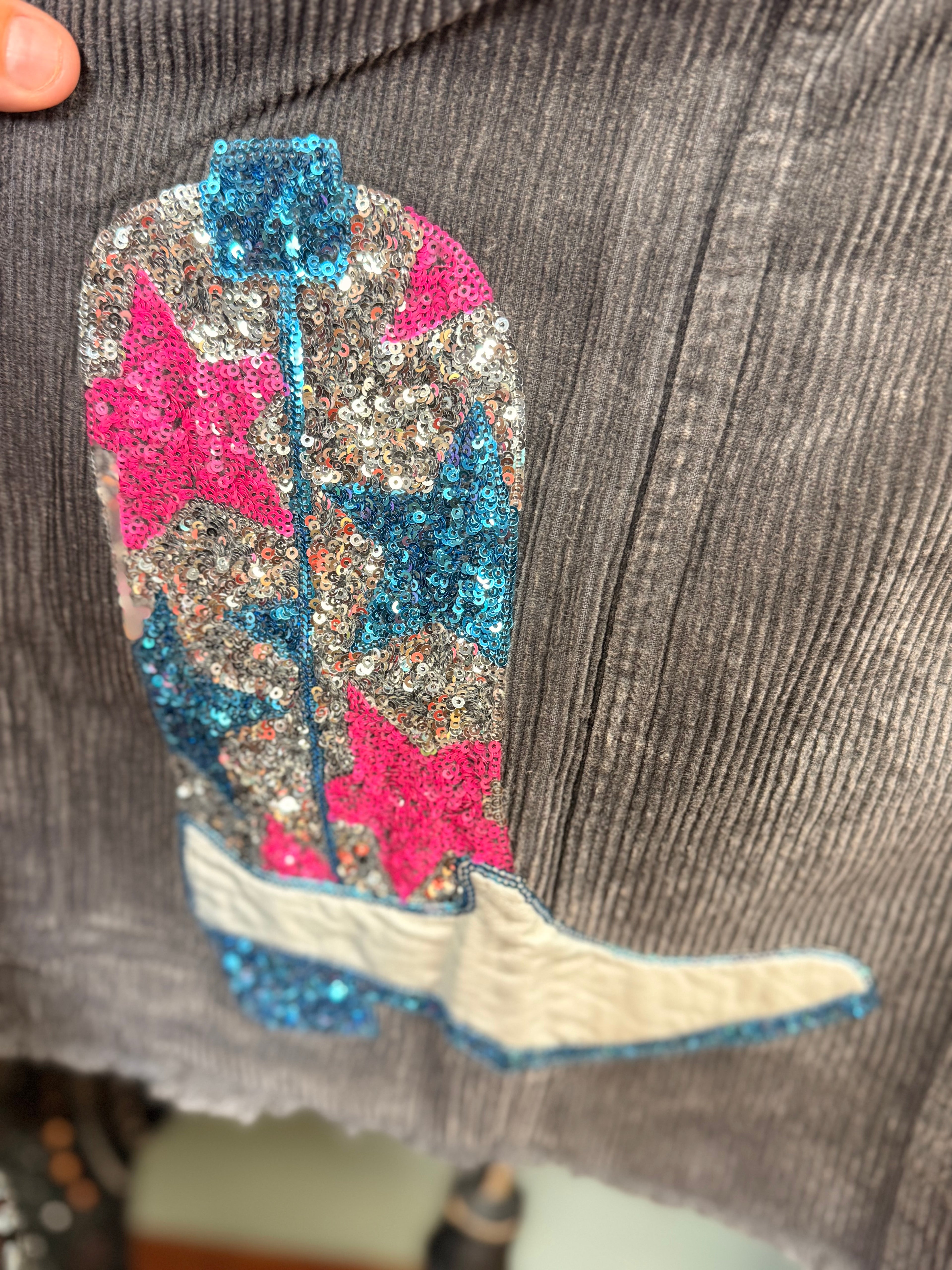 Peach Love Cowboy Boots Sequin Corduroy Shacket Grey
