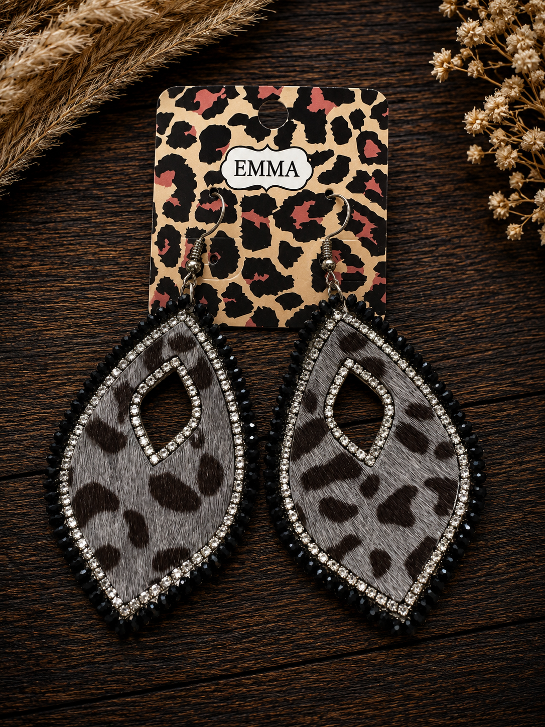 Grey cow print w/rhinestone earrings