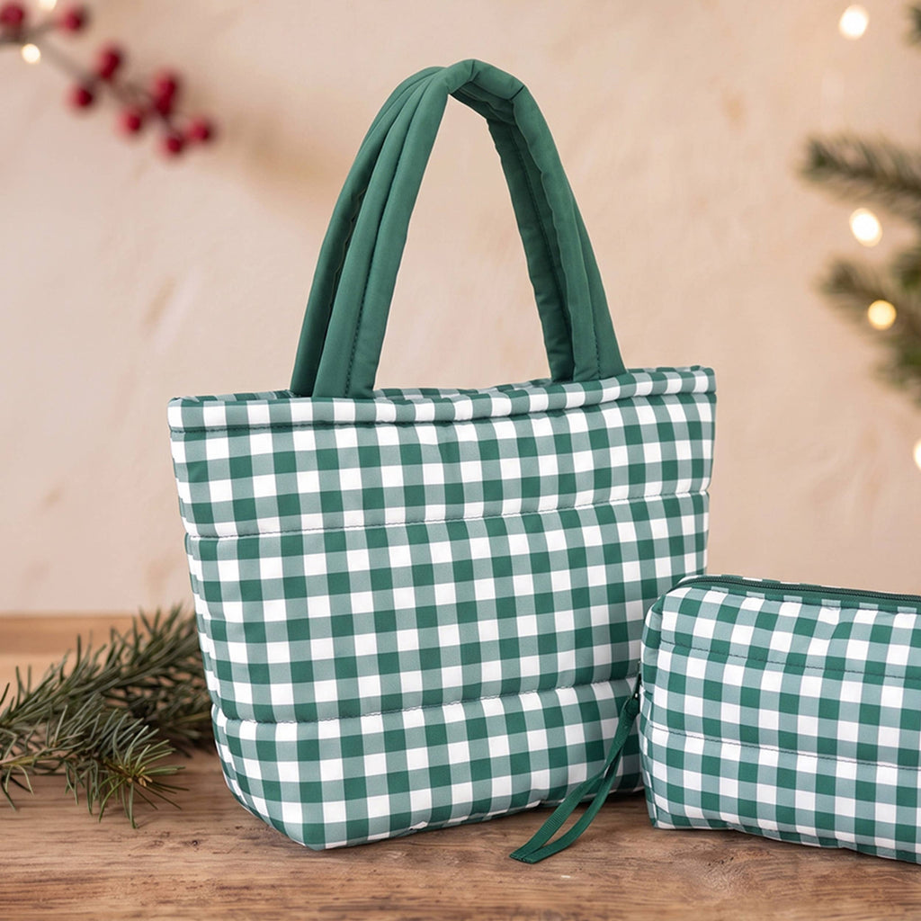 Hana - Gingham Check Pattern Quilted Puffer Tote Bag