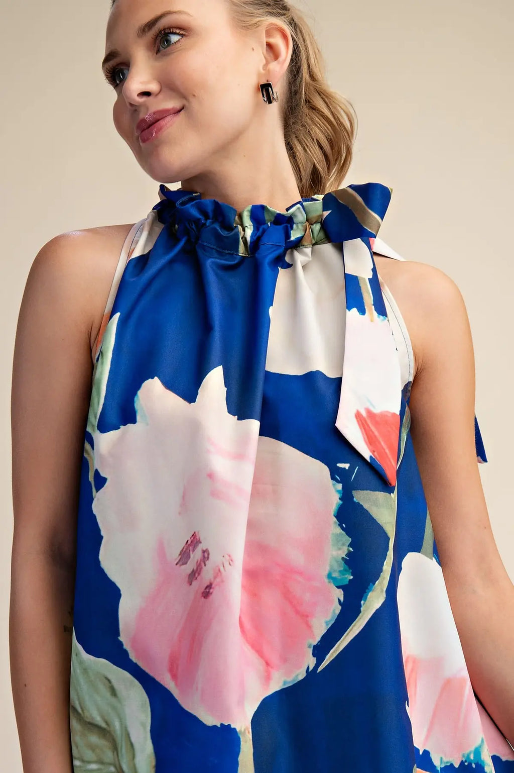 Glam Ruffle Neck Tie Sleeveless Floral Print Mini Dress Royal