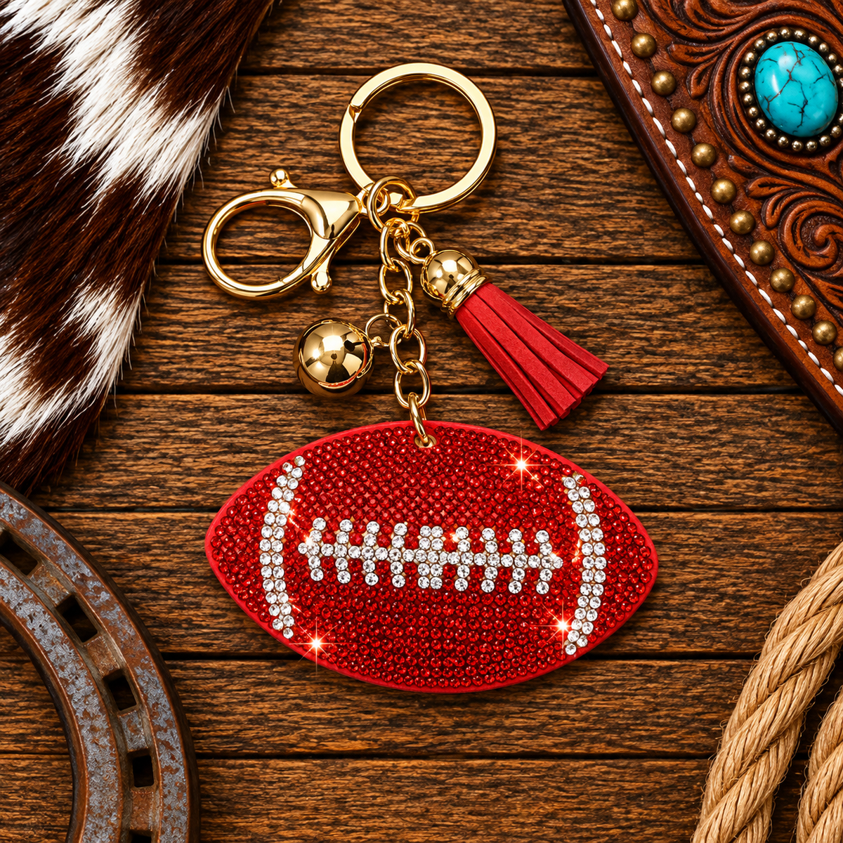 Rhinestone red football keychain
