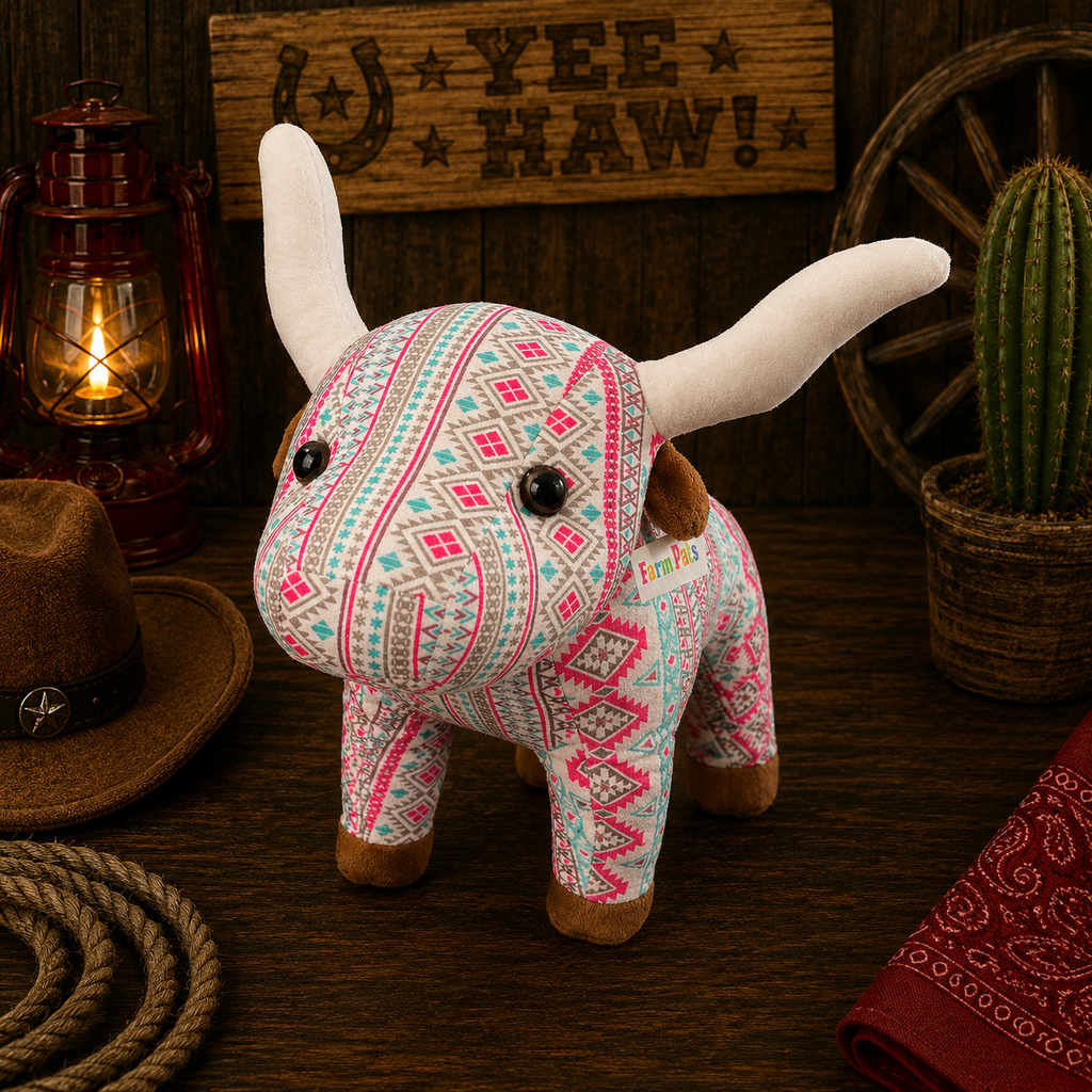 Farm Pals Bull pink & teal aztec print (medium)