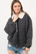 Garment Washed Quilted Terry Collared Zip Up Lined Jacket Black