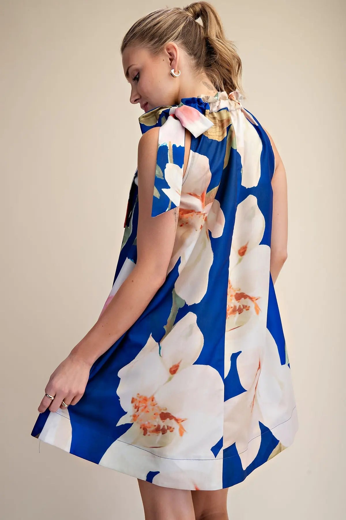 Glam Ruffle Neck Tie Sleeveless Floral Print Mini Dress Royal