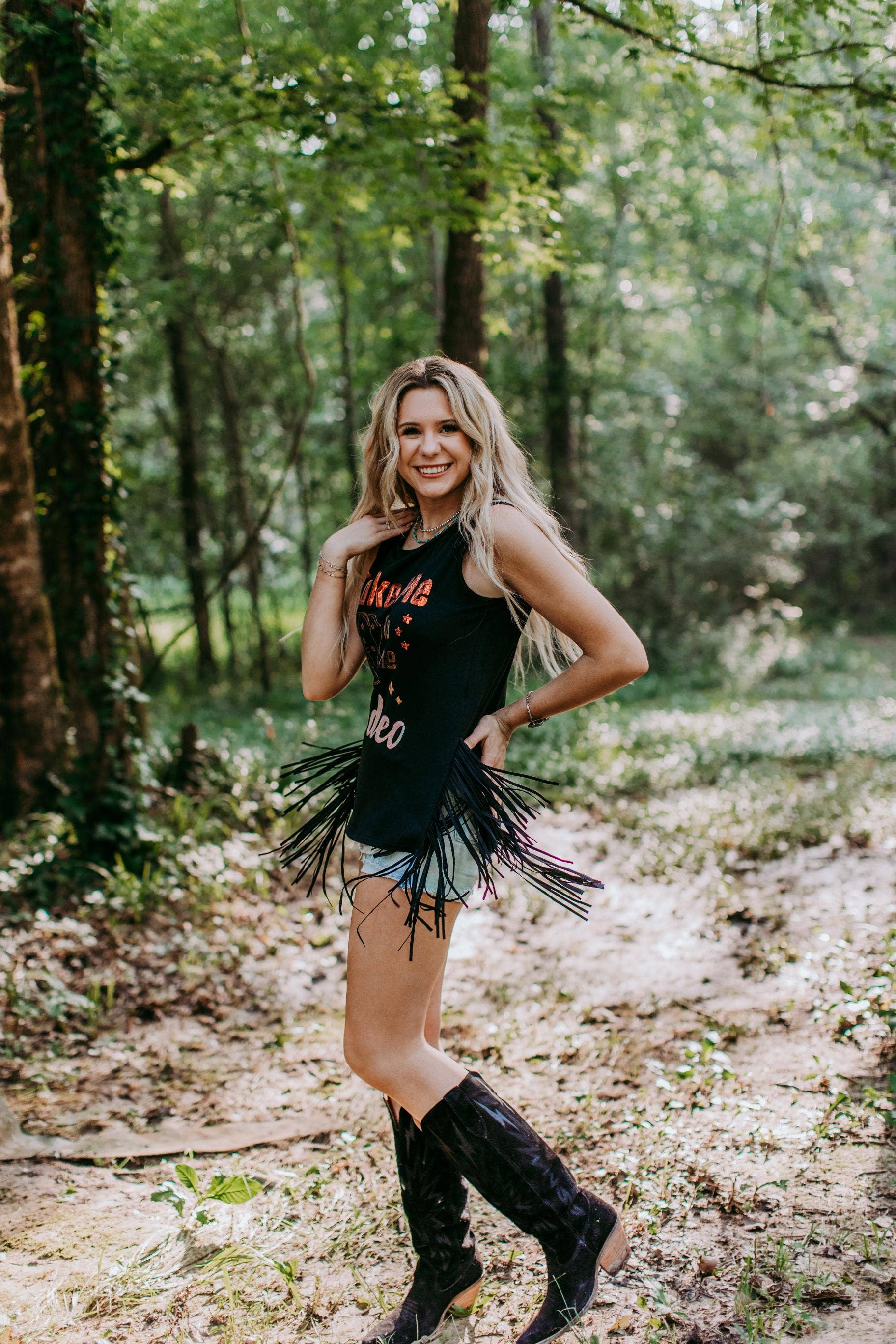 MK359 Fringe Side Slit Tank Top - Black: Black / S