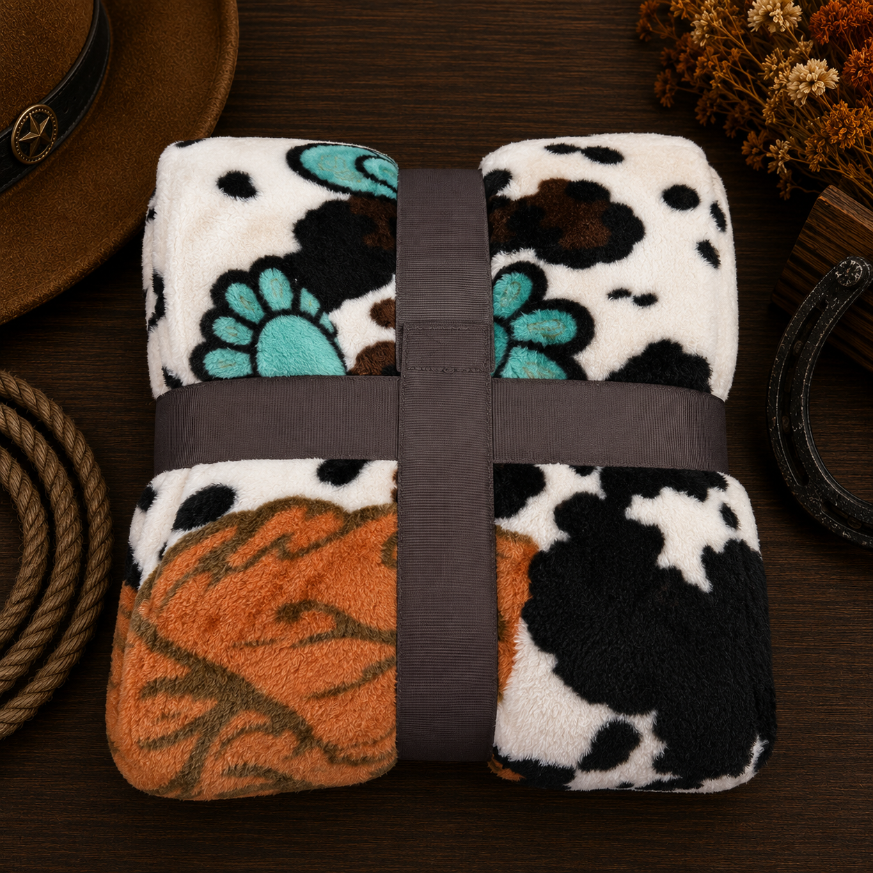 Mia Highland Cow and concho Soft Fleece Throw Blanket Queen size