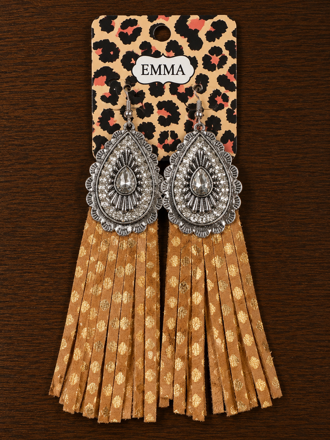 Silver rhinestone with tan and gold fringe earrings