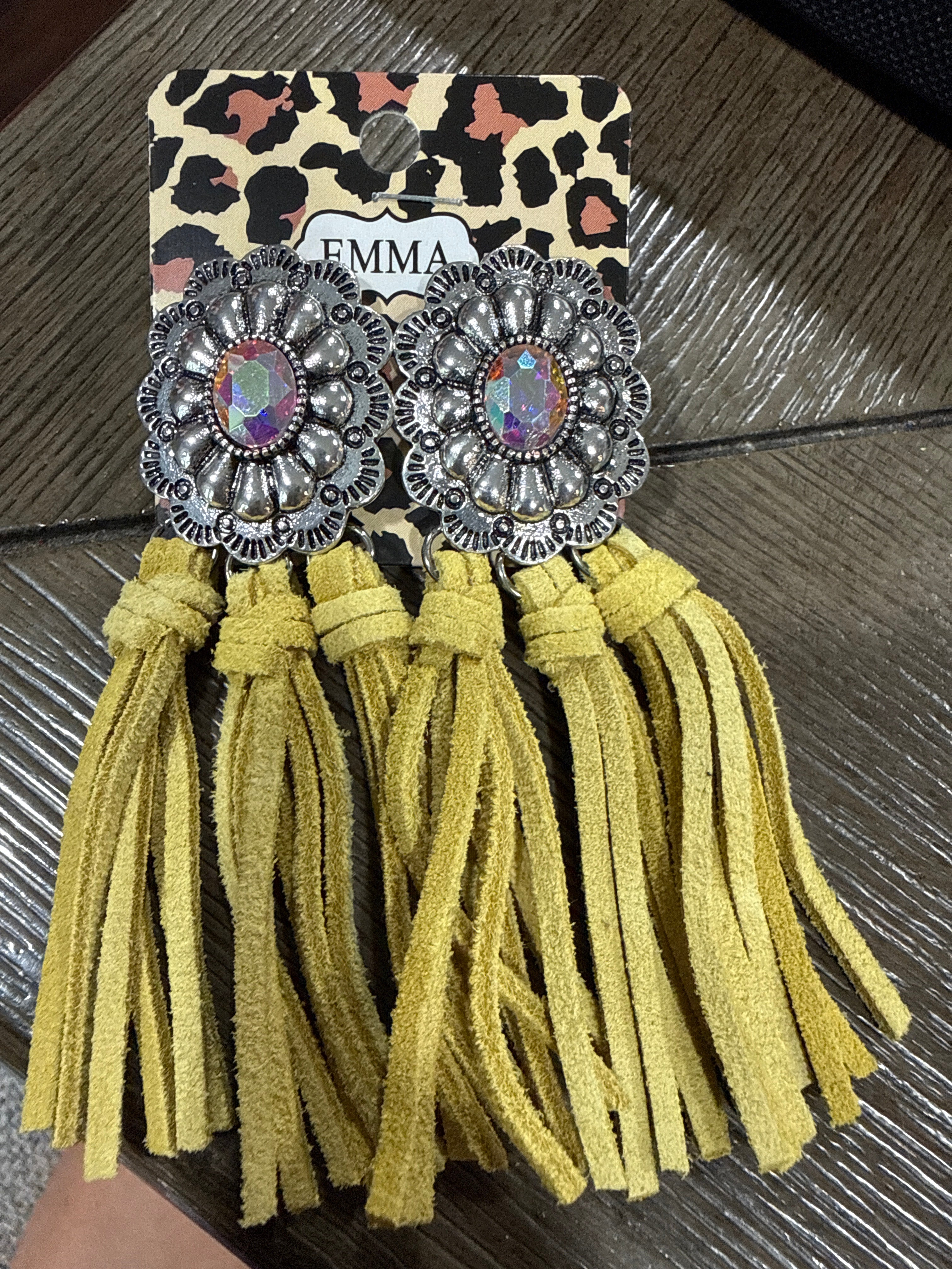 Olive fringe concho earrings
